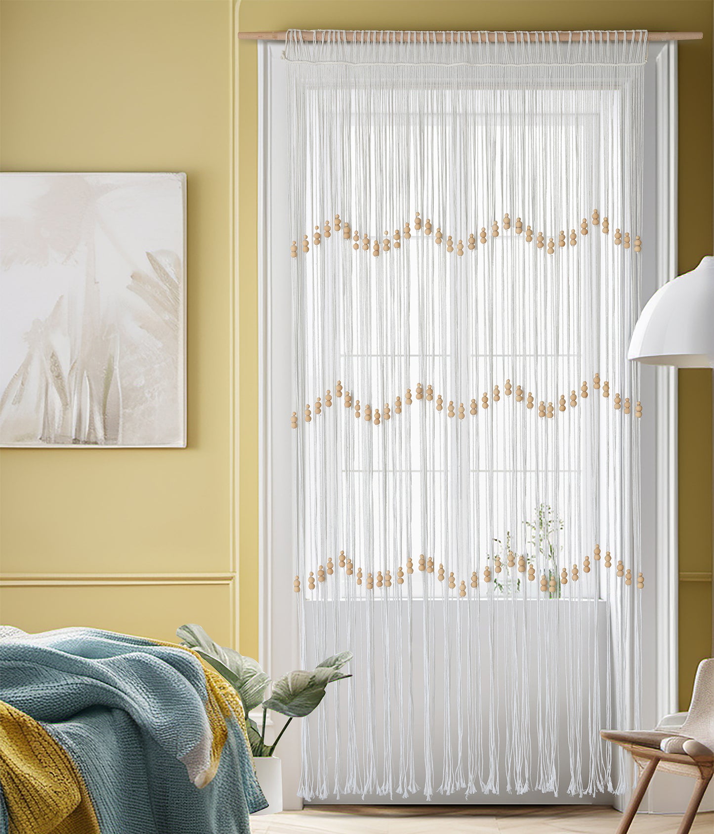 Macrame Curtain Beaded Doorway Panel Backdrop White