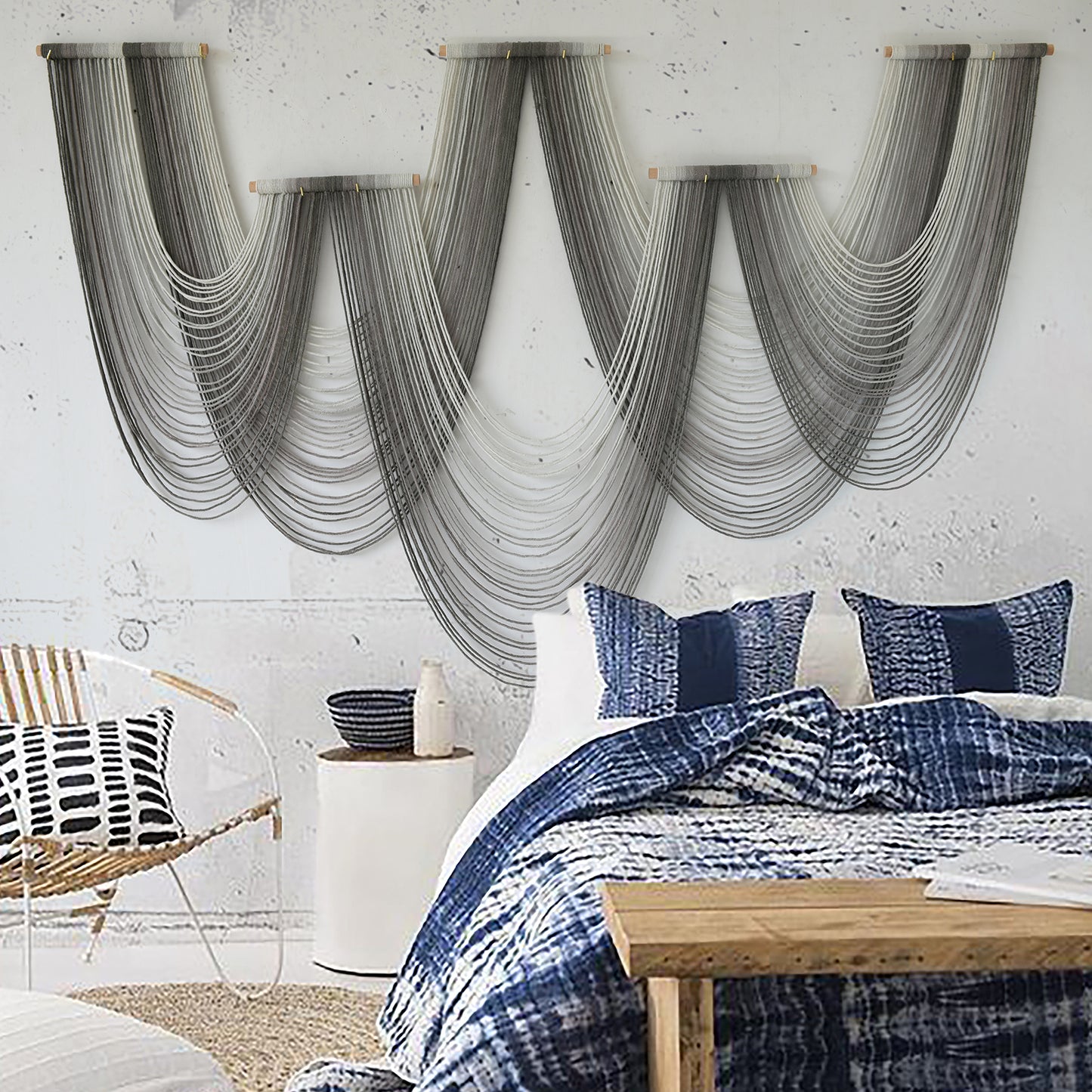 Large Macrame Wall Hanging Dip-Dyed Grey Purple Craftsmanship Fiber Art