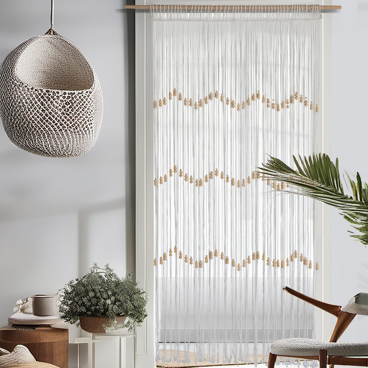 Macrame Curtain Beaded Doorway Panel Backdrop White