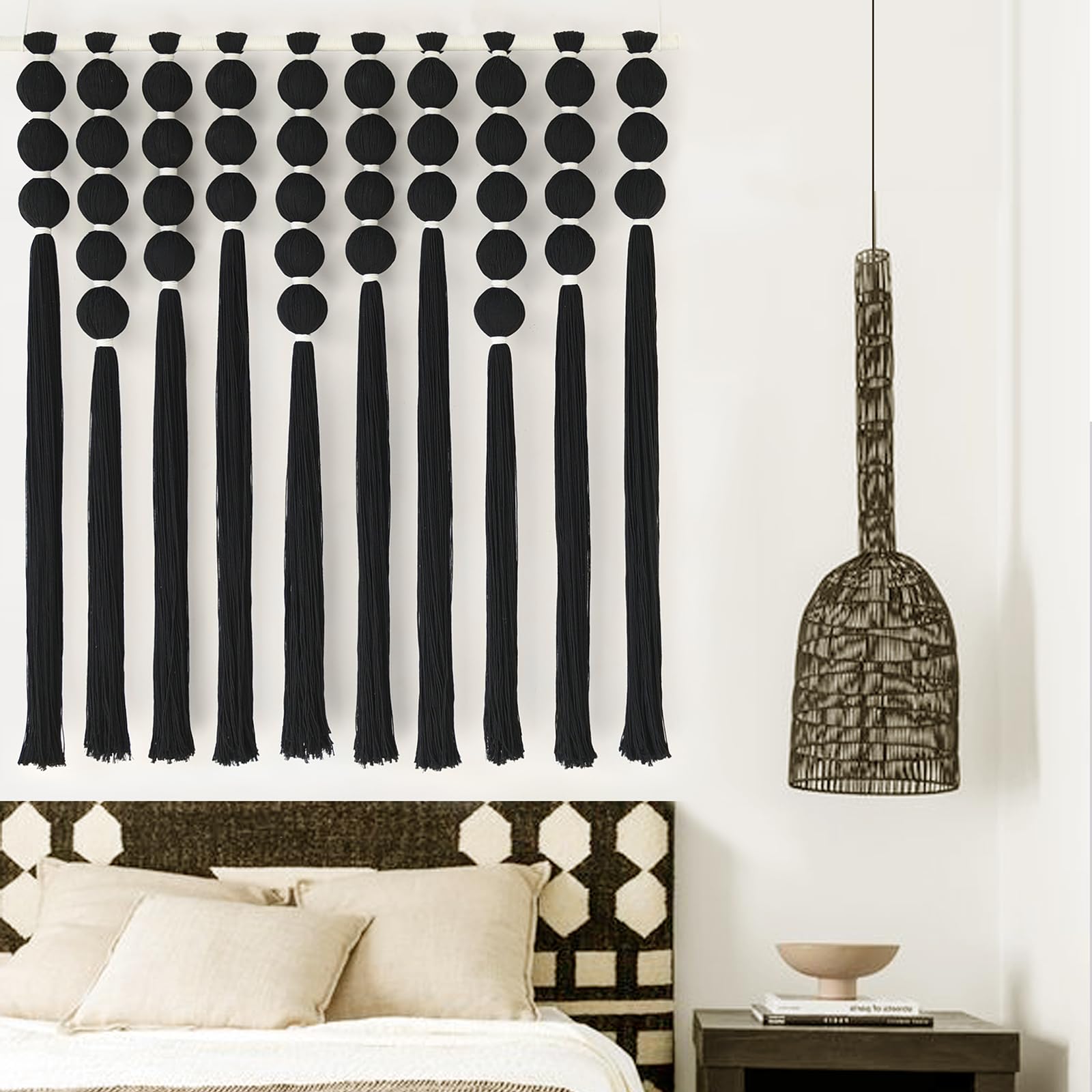 Black Macrame Wall Hanging Sphericity Cotton Textile  Fiber Yarn Art