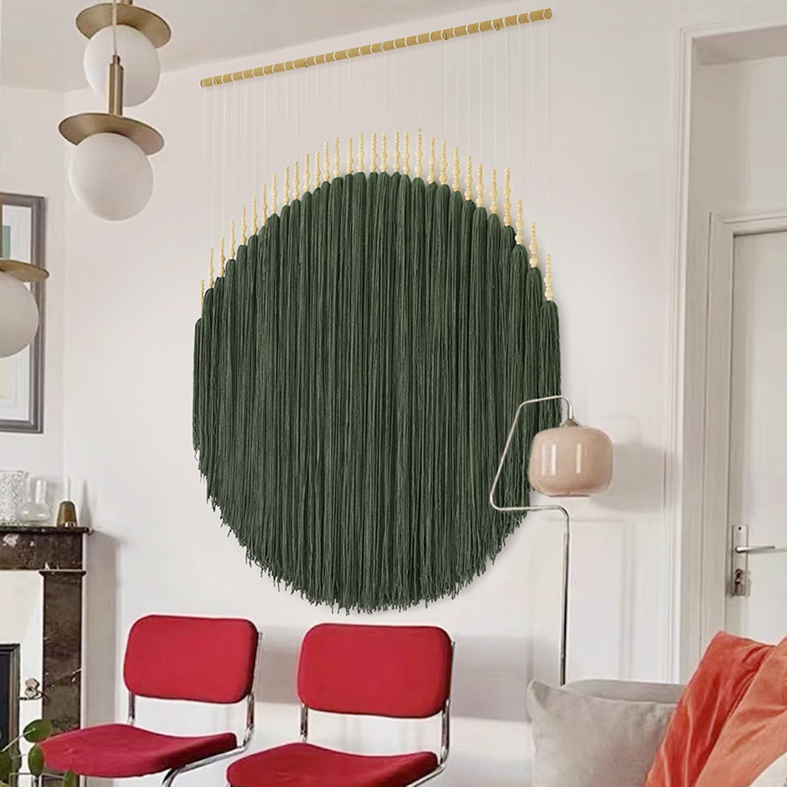 Large Macrame Wall Hanging Green Yarn Fiber Wall Art Beaded Tassel Home Decor