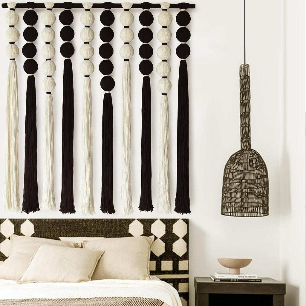 Large Macrame Wall Hanging Black and White Sphericity Cotton Fiber Yarn Art