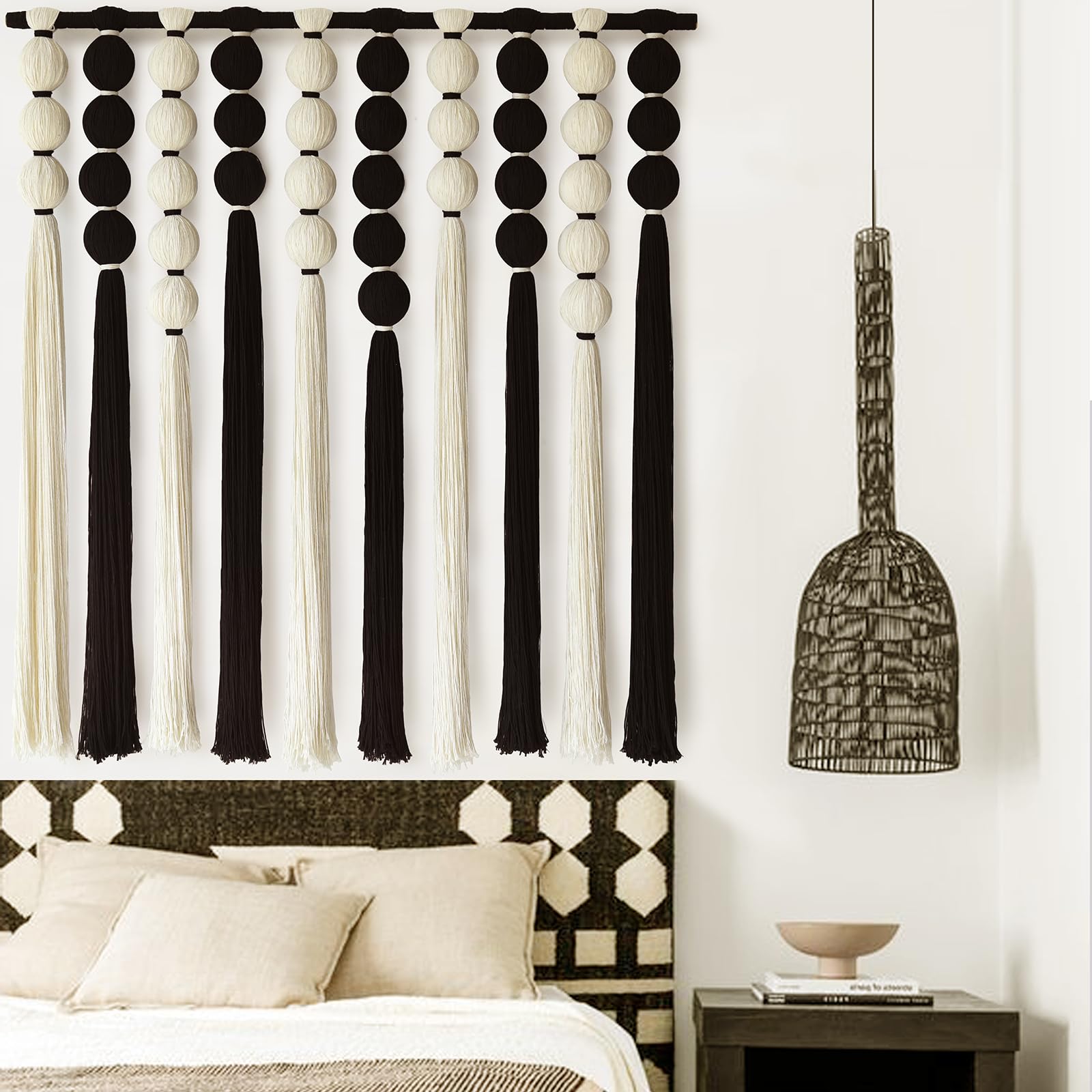 Large Macrame Wall Hanging Black and White Sphericity Cotton Fiber Yarn Art