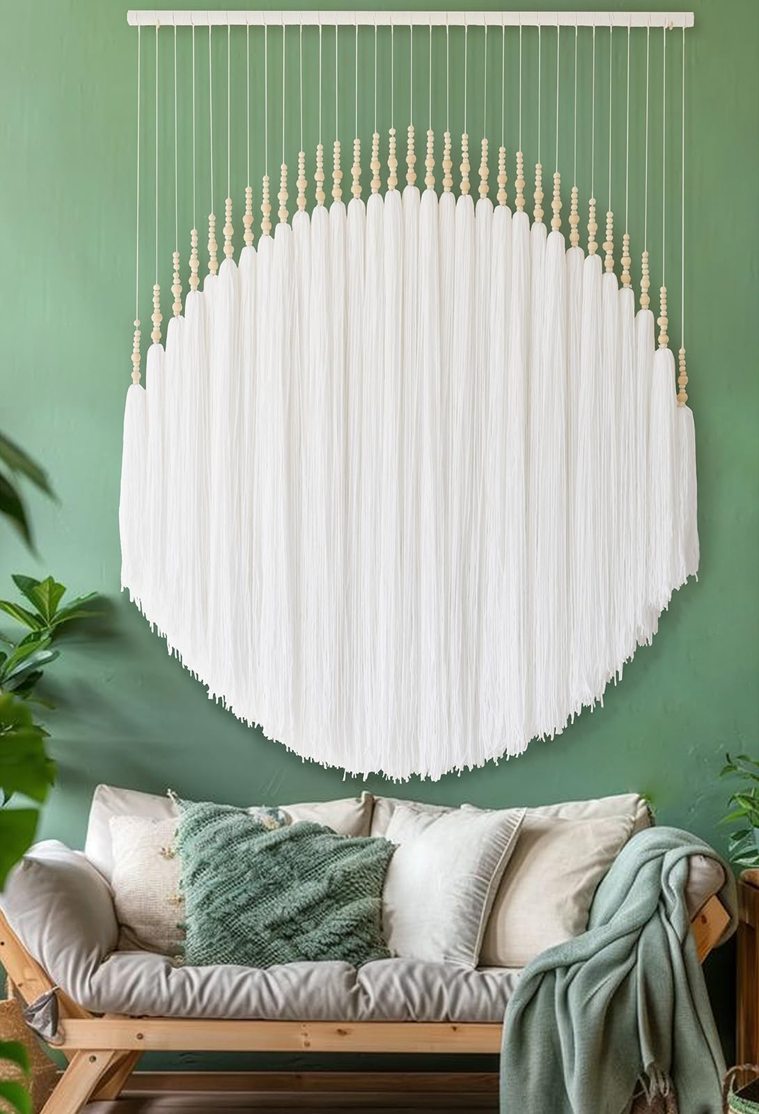 Yarn Macrame Wall Hanging Fiber Wall Art White Beads Tassel Home Decor