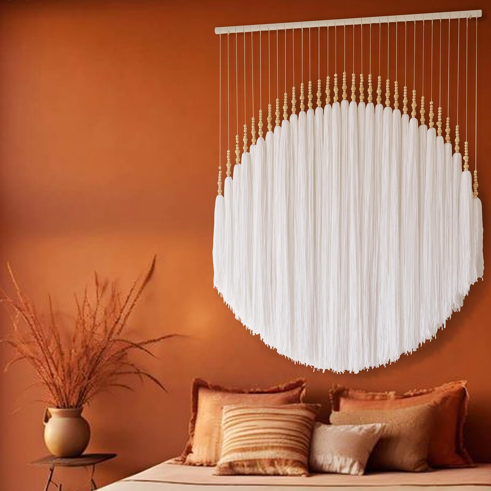 Yarn Macrame Wall Hanging Fiber Wall Art White Beads Tassel Home Decor