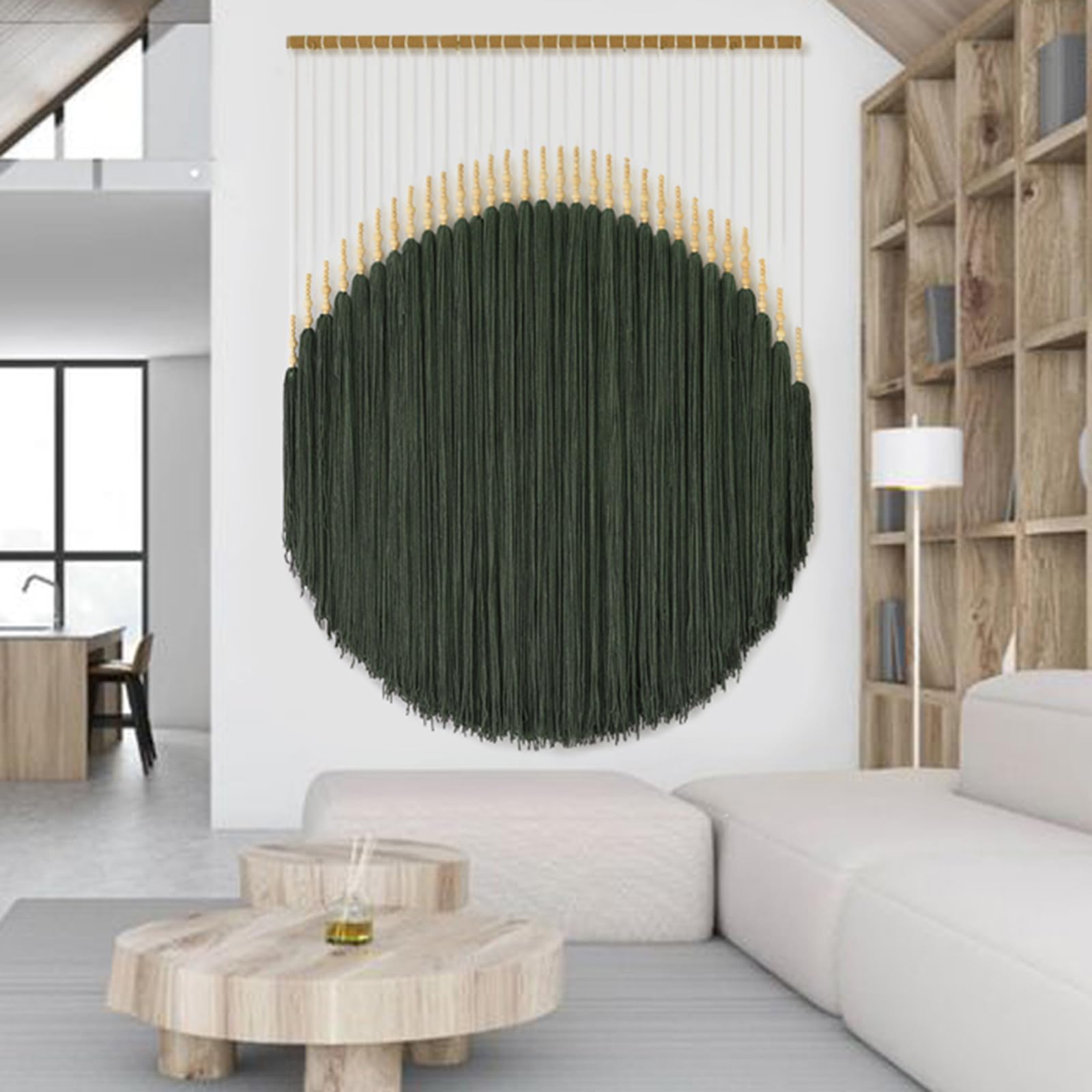 Large Macrame Wall Hanging Green Yarn Fiber Wall Art Beaded Tassel Home Decor