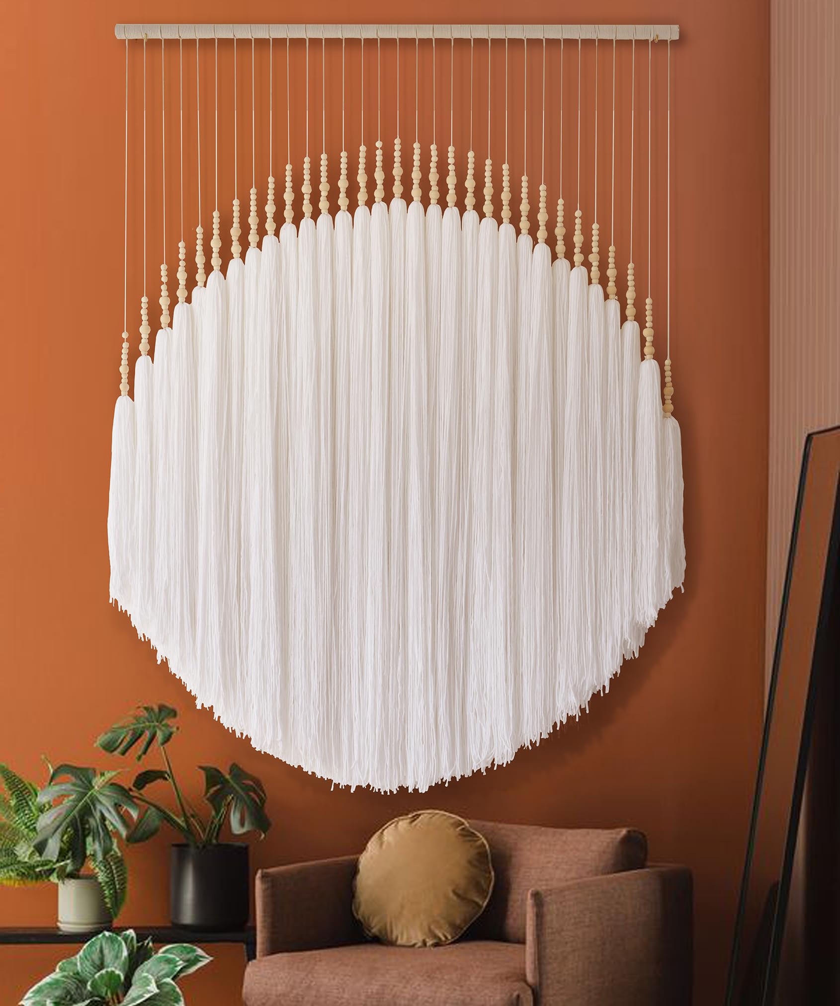 Yarn Macrame Wall Hanging Fiber Wall Art White Beads Tassel Home Decor