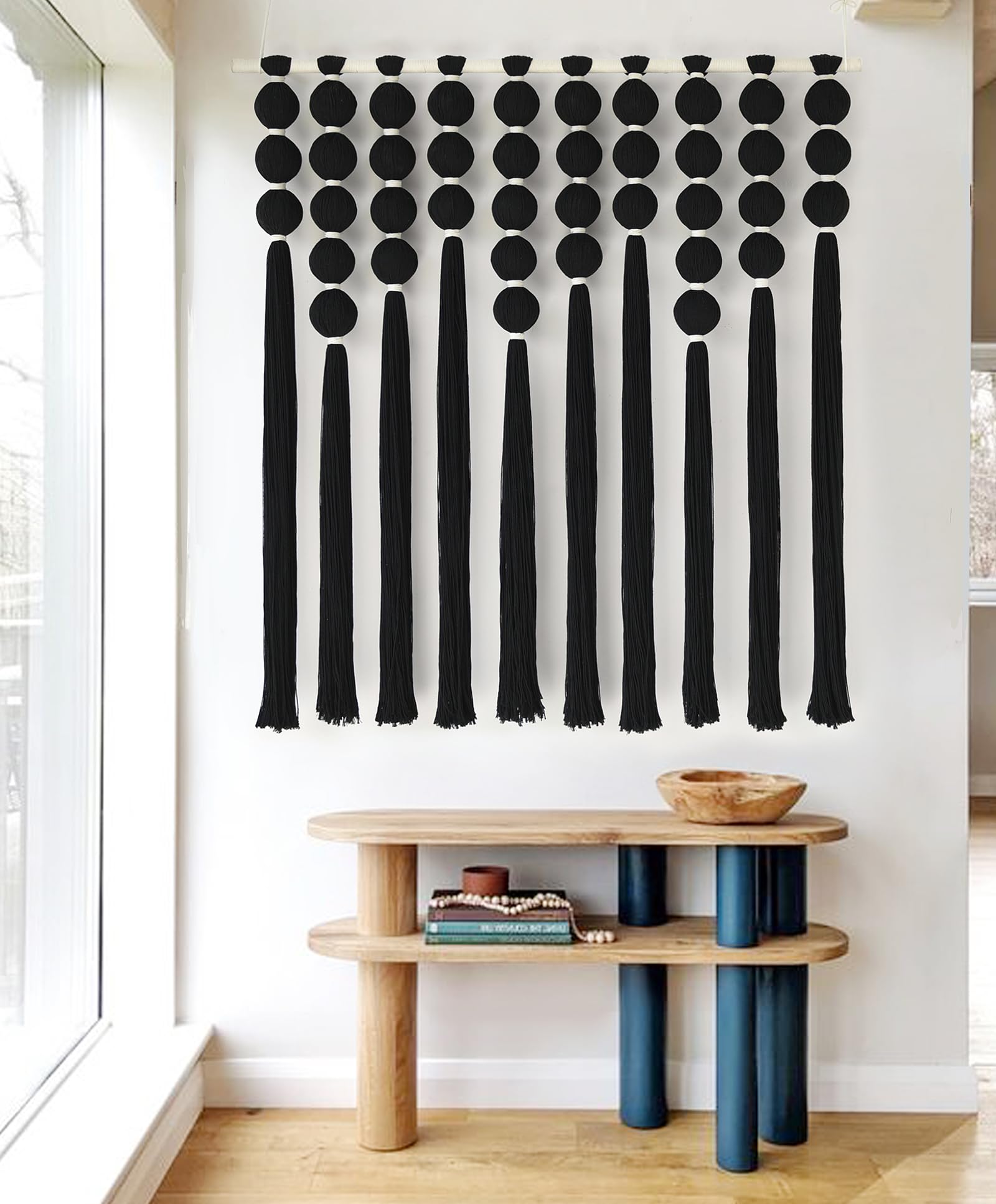 Black Macrame Wall Hanging Sphericity Cotton Textile  Fiber Yarn Art
