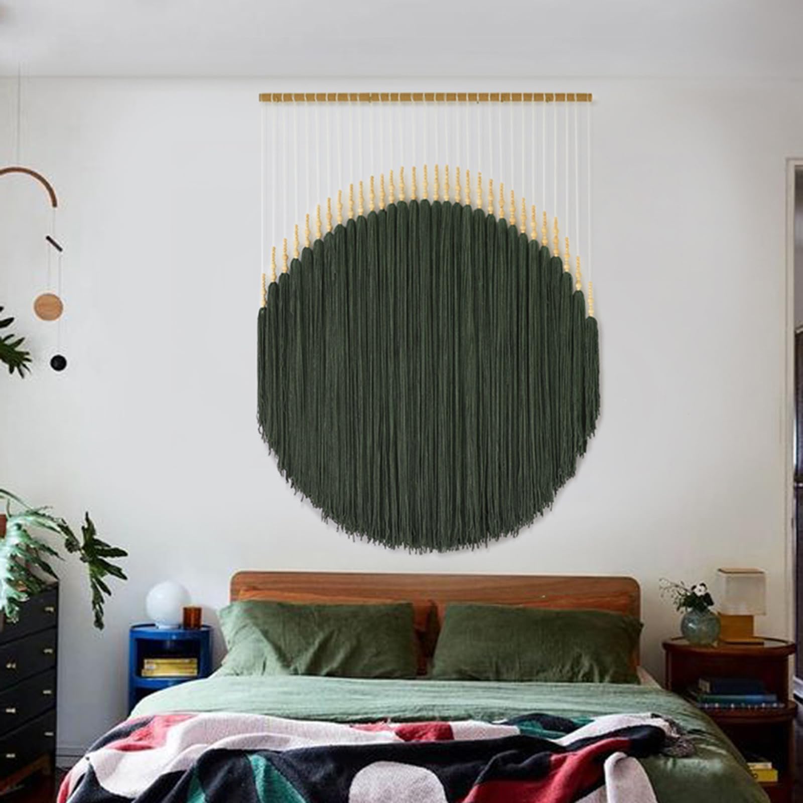 Large Macrame Wall Hanging Green Yarn Fiber Wall Art Beaded Tassel Home Decor