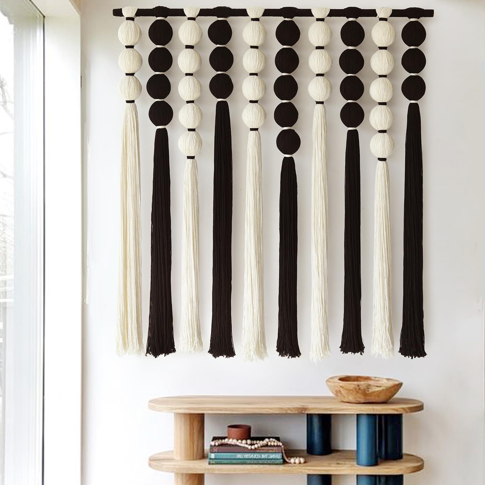 Large Macrame Wall Hanging Black and White Sphericity Cotton Fiber Yarn Art
