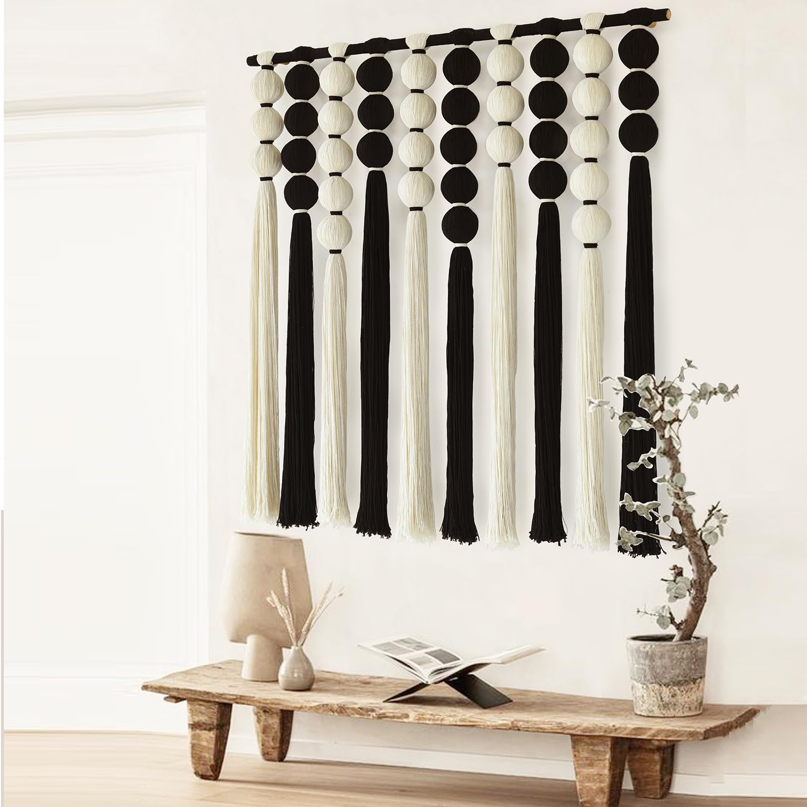 Large Macrame Wall Hanging Black and White Sphericity Cotton Fiber Yarn Art