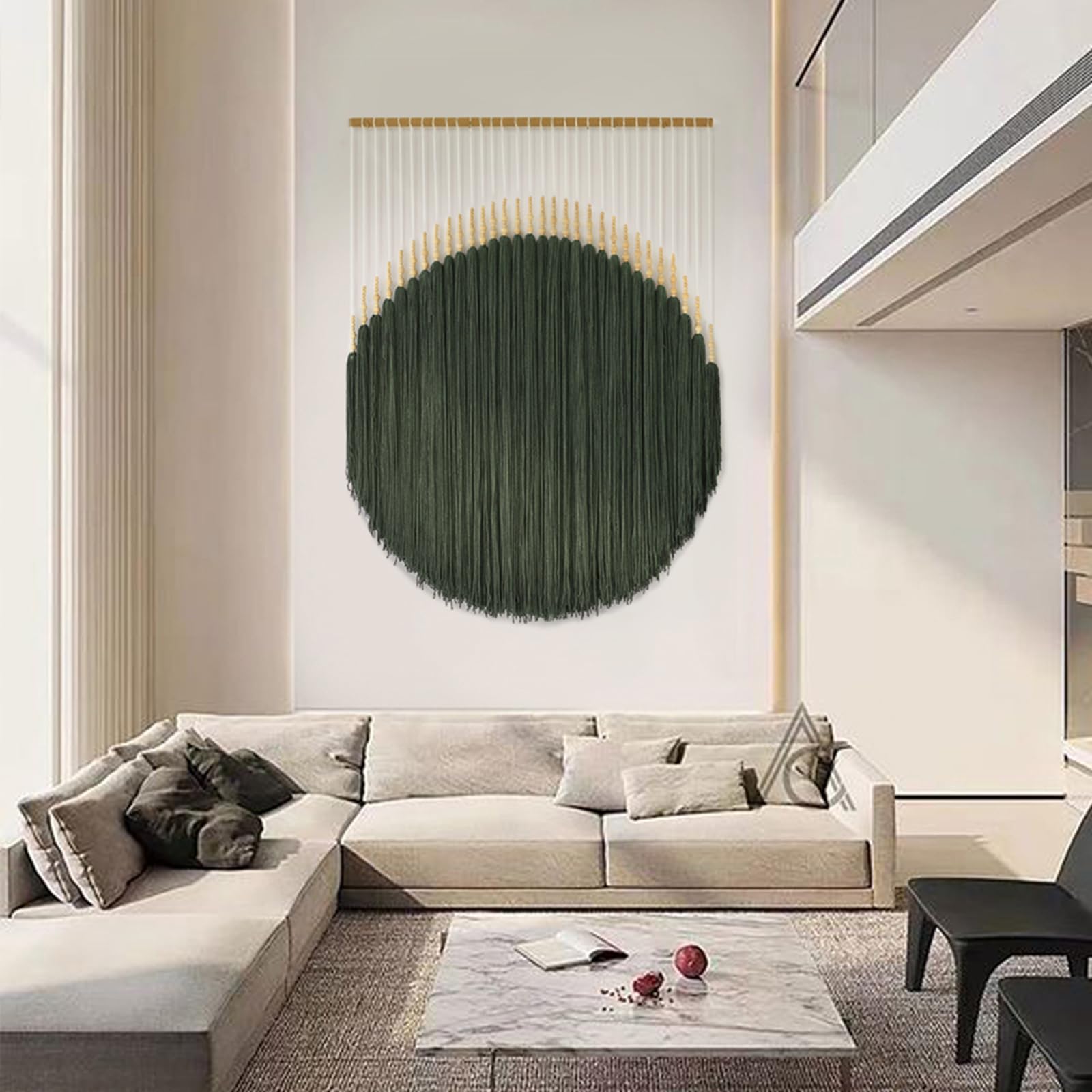 Large Macrame Wall Hanging Green Yarn Fiber Wall Art Beaded Tassel Home Decor