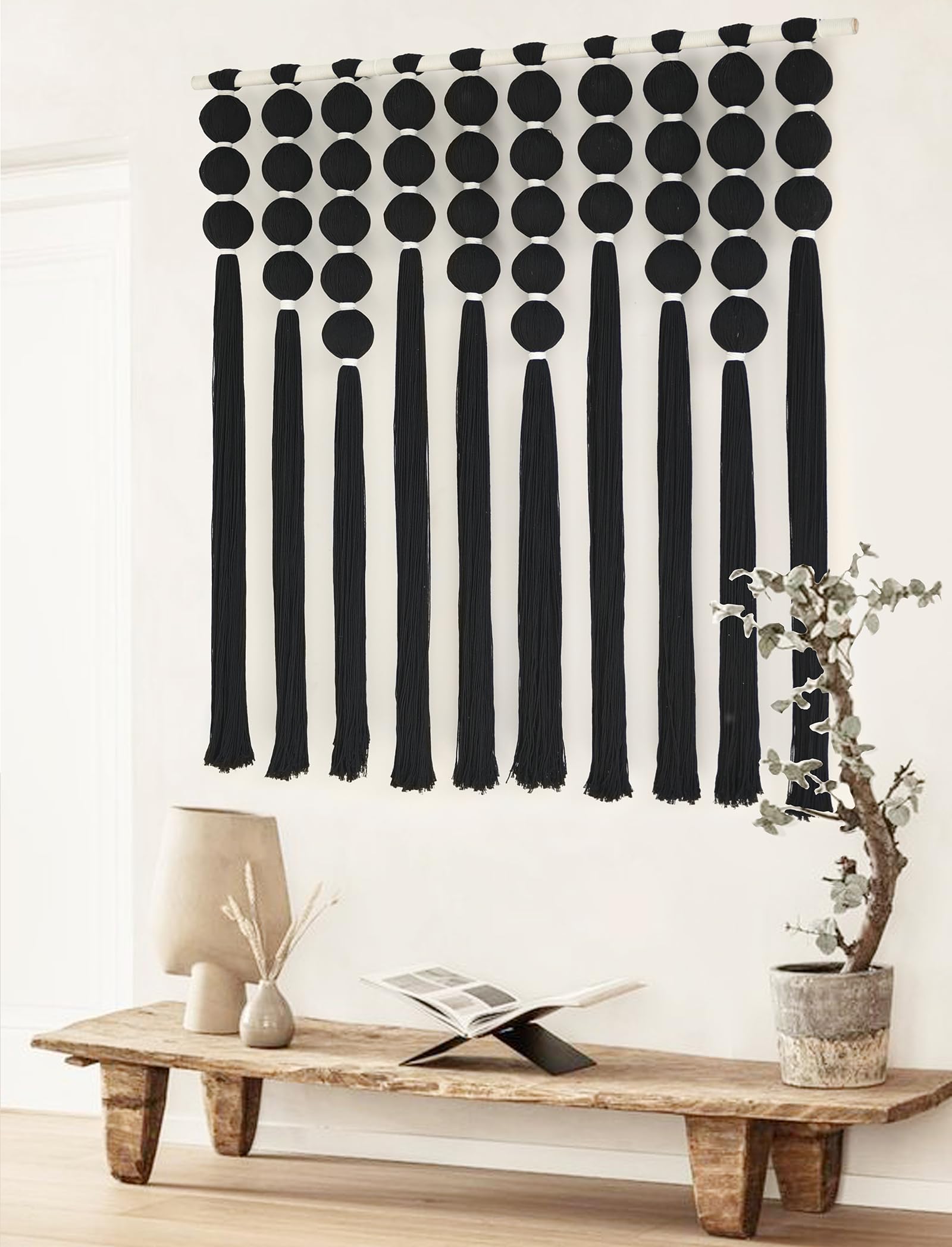 Black Macrame Wall Hanging Sphericity Cotton Textile  Fiber Yarn Art