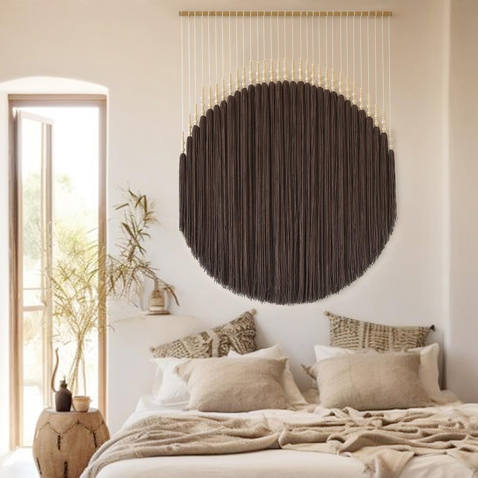 Macrame Wall Hanging Brown Yarn Wall Decor Round Tassel Home Wall Art