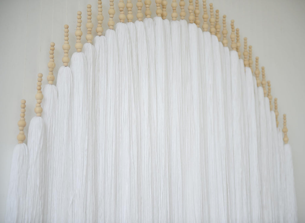 Yarn Macrame Wall Hanging Fiber Wall Art White Beads Tassel Home Decor