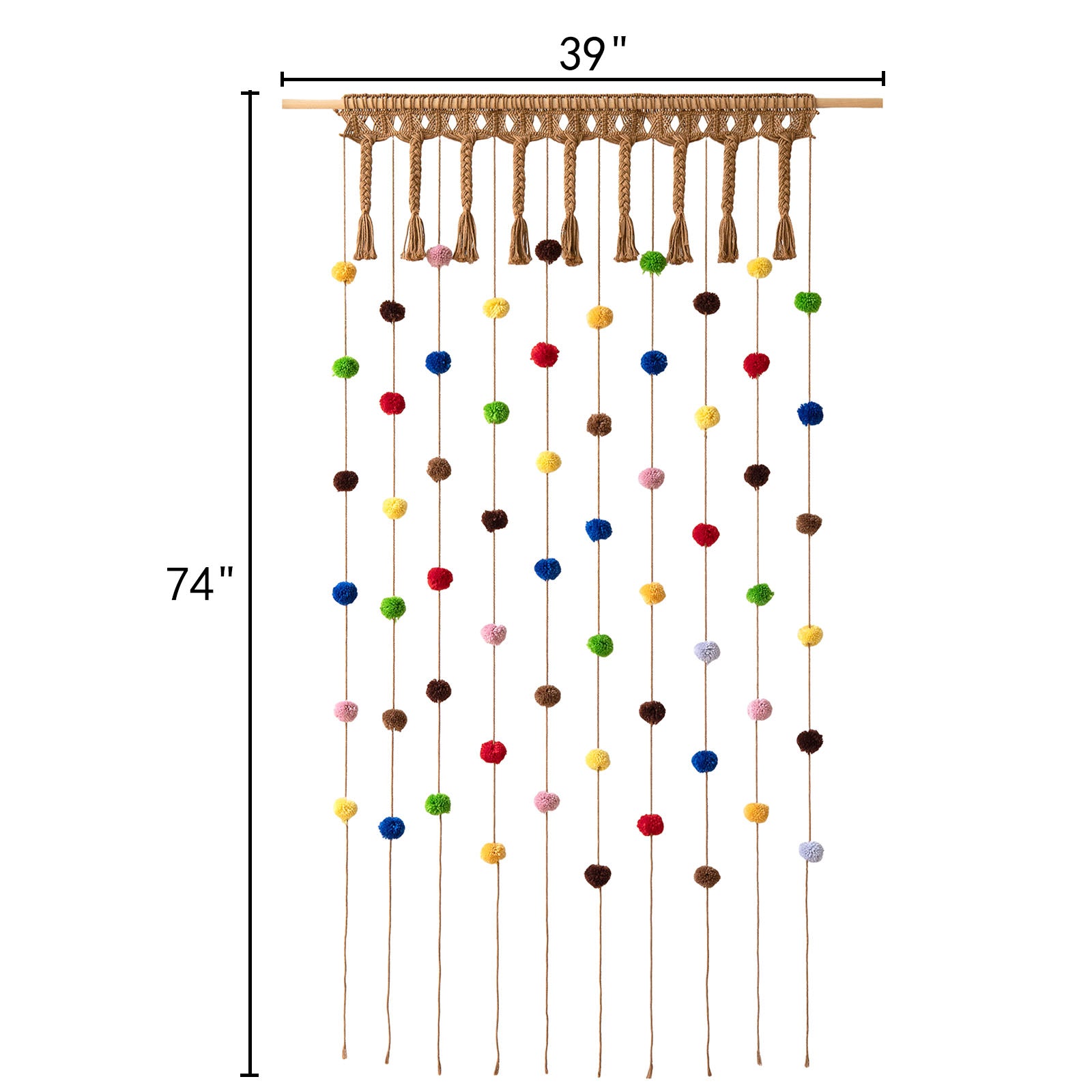 Macrame Curtain with Colorful Pom-Poms Window Treatment for Living Room
