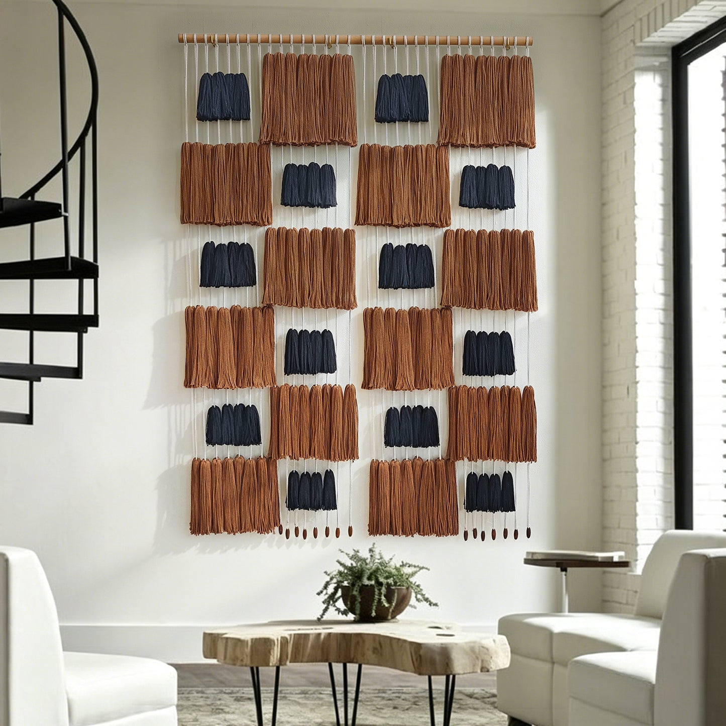 Two-Rod Macrame Wall Hanging Brown Black Yarn Tassel Woven Boho Fiber Art Decor