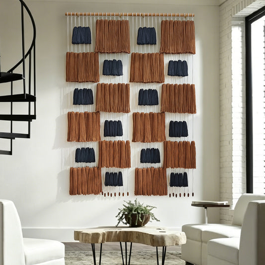 Two-Rod Macrame Wall Hanging Brown Black Yarn Tassel Woven Boho Fiber Art Decor