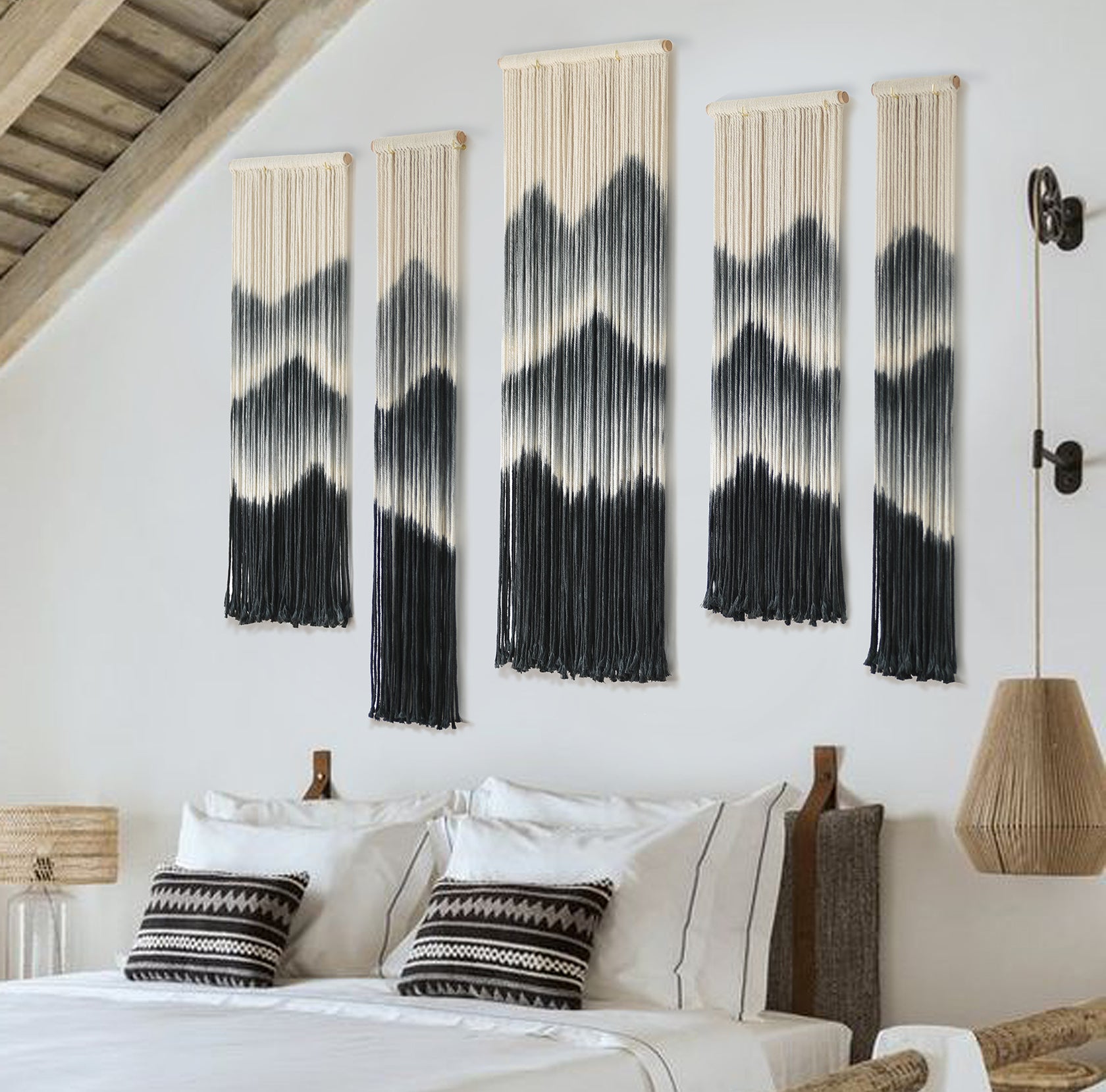 Macrame Wall Hanging Handmade Dip-Dyed Mountain Macrame Wall Decor ,Set of 5