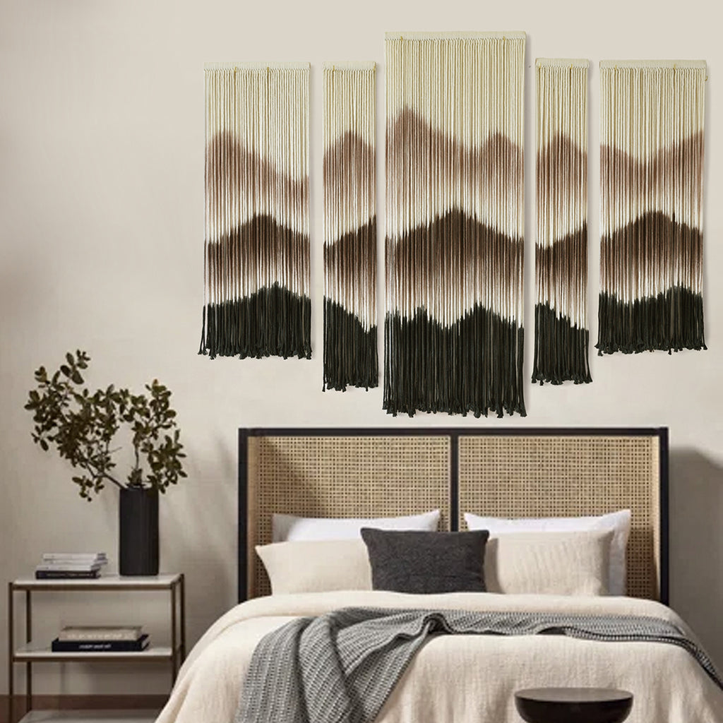 Large Macrame Wall Hanging Mountain Handmade Brown Dip-Dyed Boho Wall Decor,Set of 5