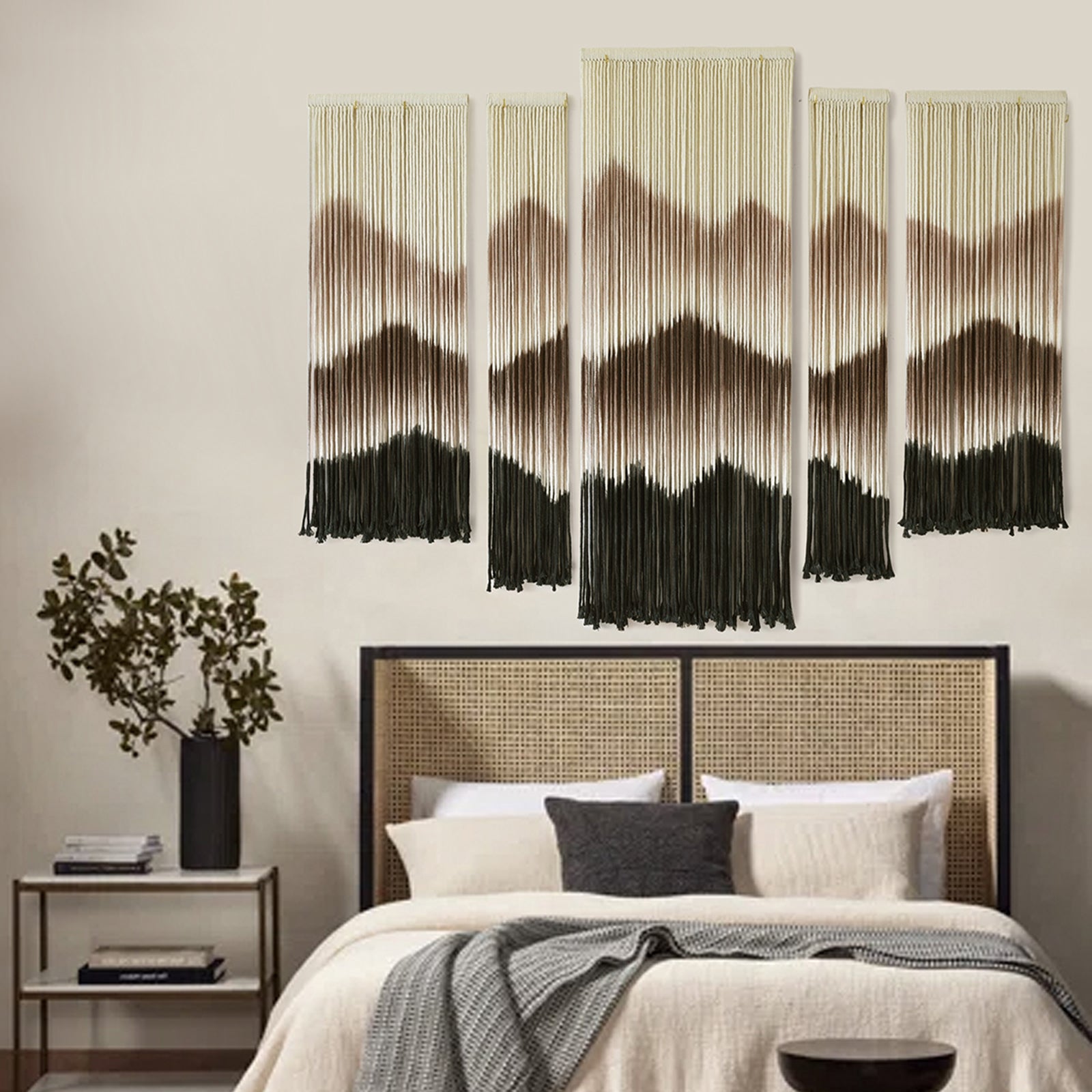 Large Macrame Wall Hanging Mountain Handmade Brown Dip-Dyed Boho Wall Decor,Set of 5