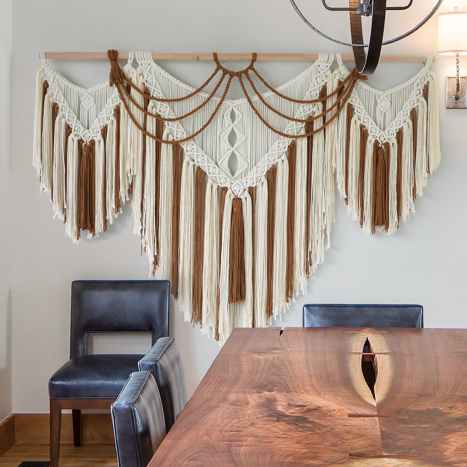 Boho Woven Wall Hanging Handwoven Brown and White Geometric Tapestry