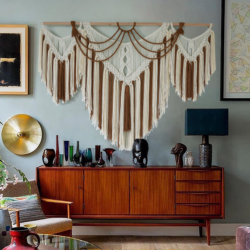 Boho Woven Wall Hanging Handwoven Brown and White Geometric Tapestry