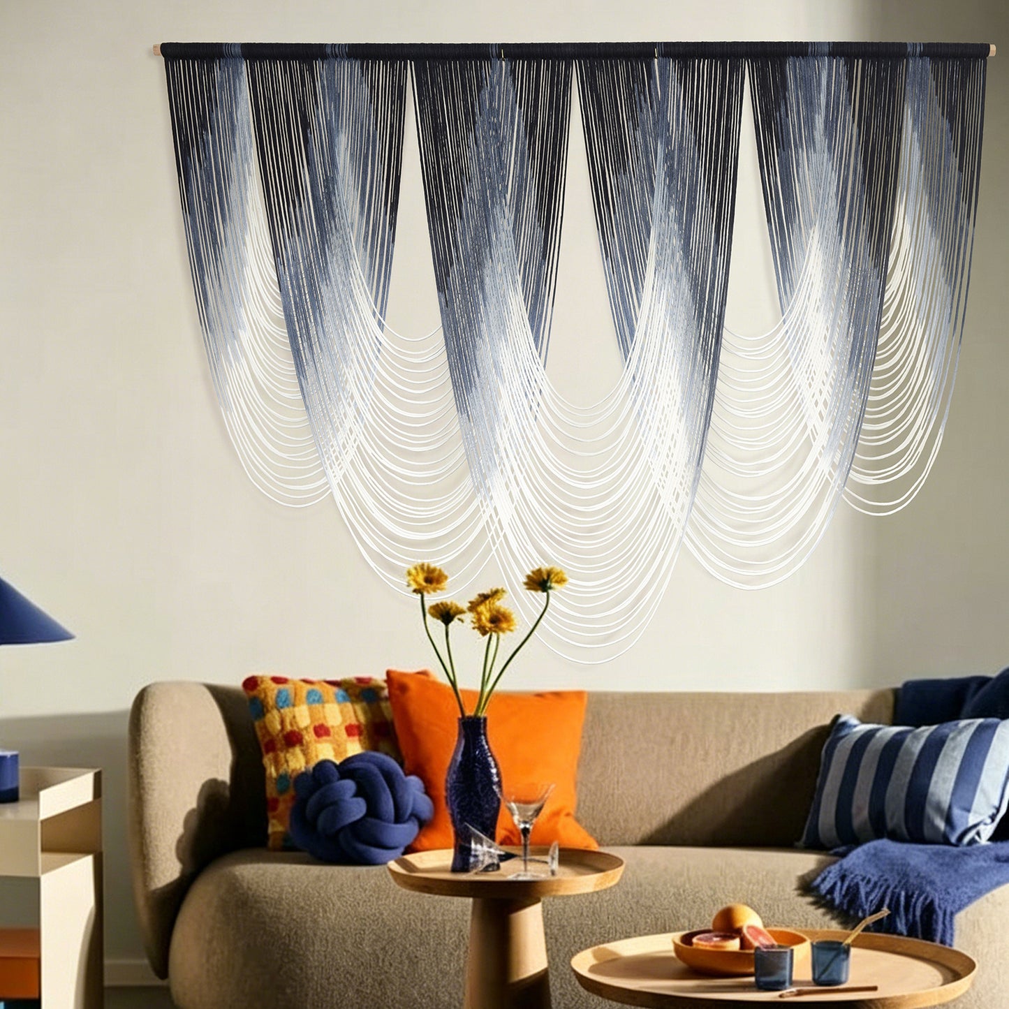 Macrame Wall Hanging Navy Blue Boho Fiber Art Home Decor 57" W*41" L