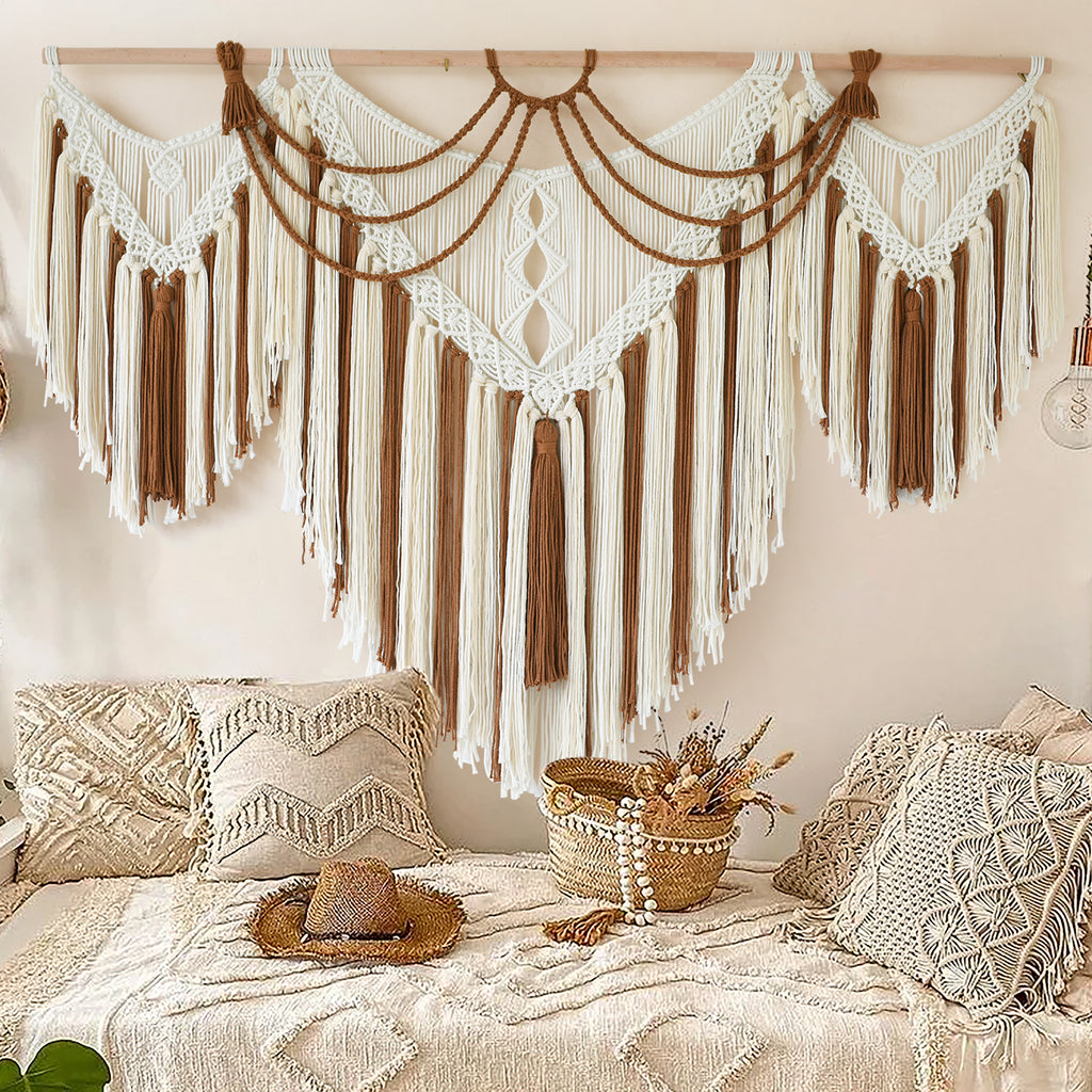 Boho Woven Wall Hanging Handwoven Brown and White Geometric Tapestry