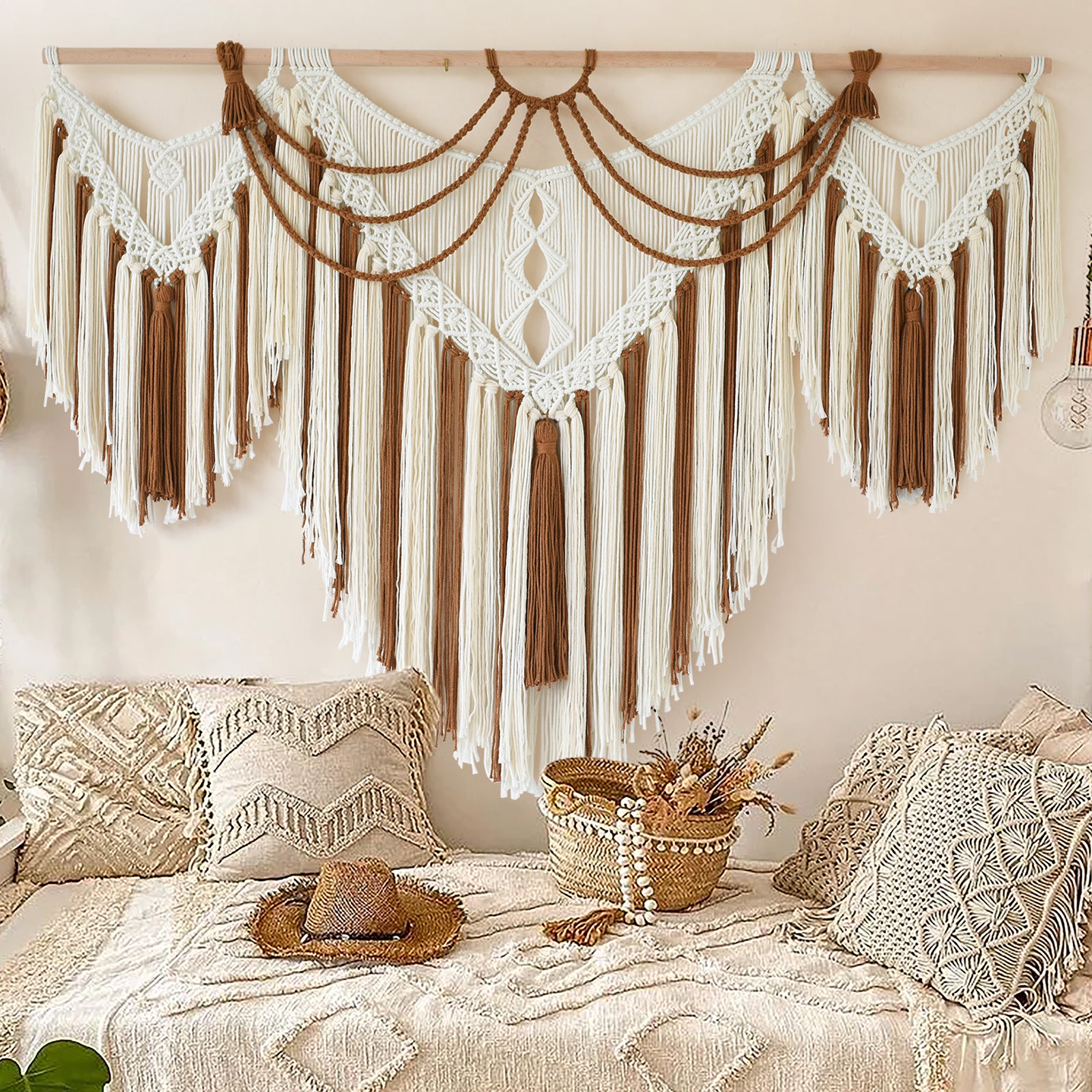 Boho Woven Wall Hanging Handwoven Brown and White Geometric Tapestry