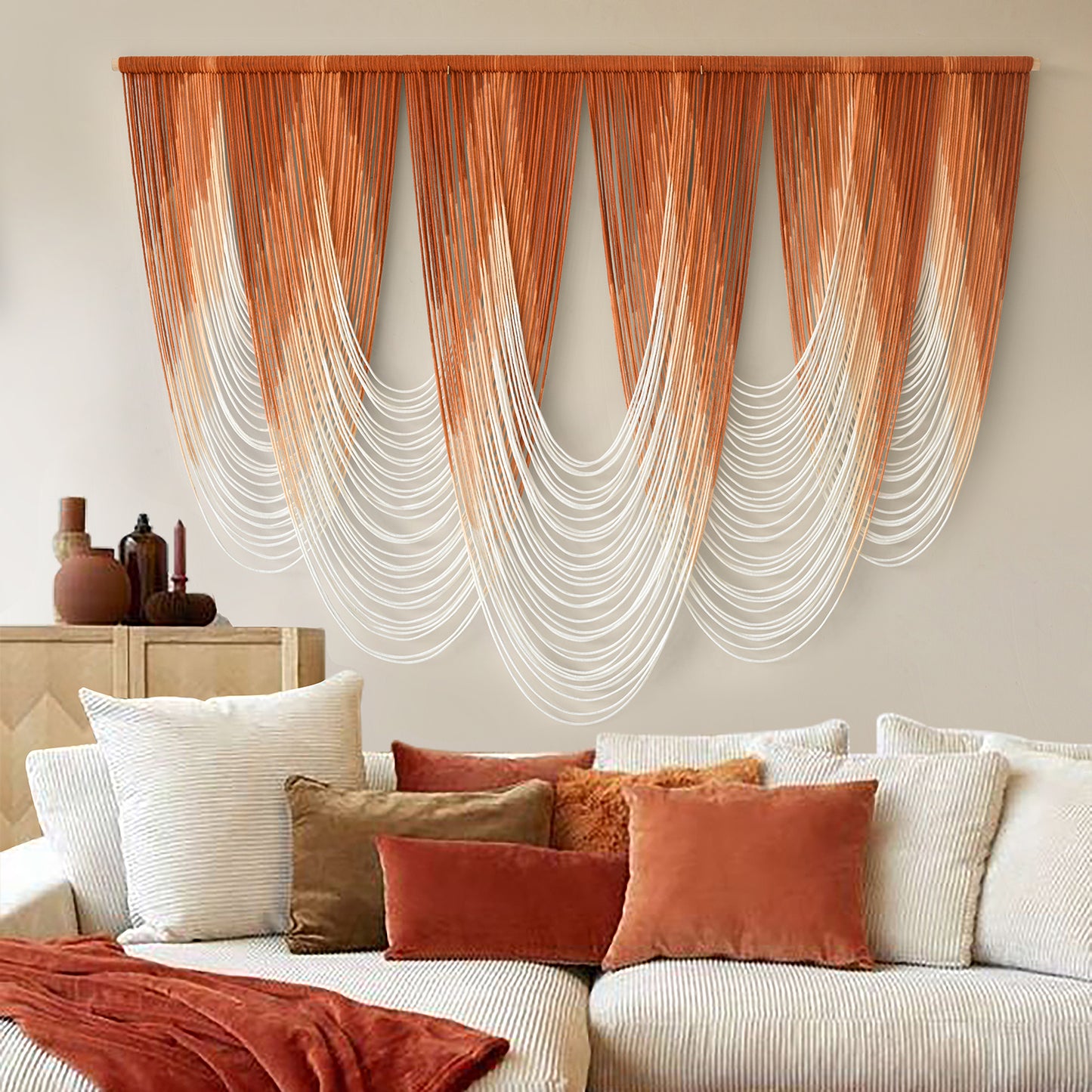 Macrame Wall Hanging Orange Boho Dip Dye Fiber Art Craftsmanship 57"W*41"L