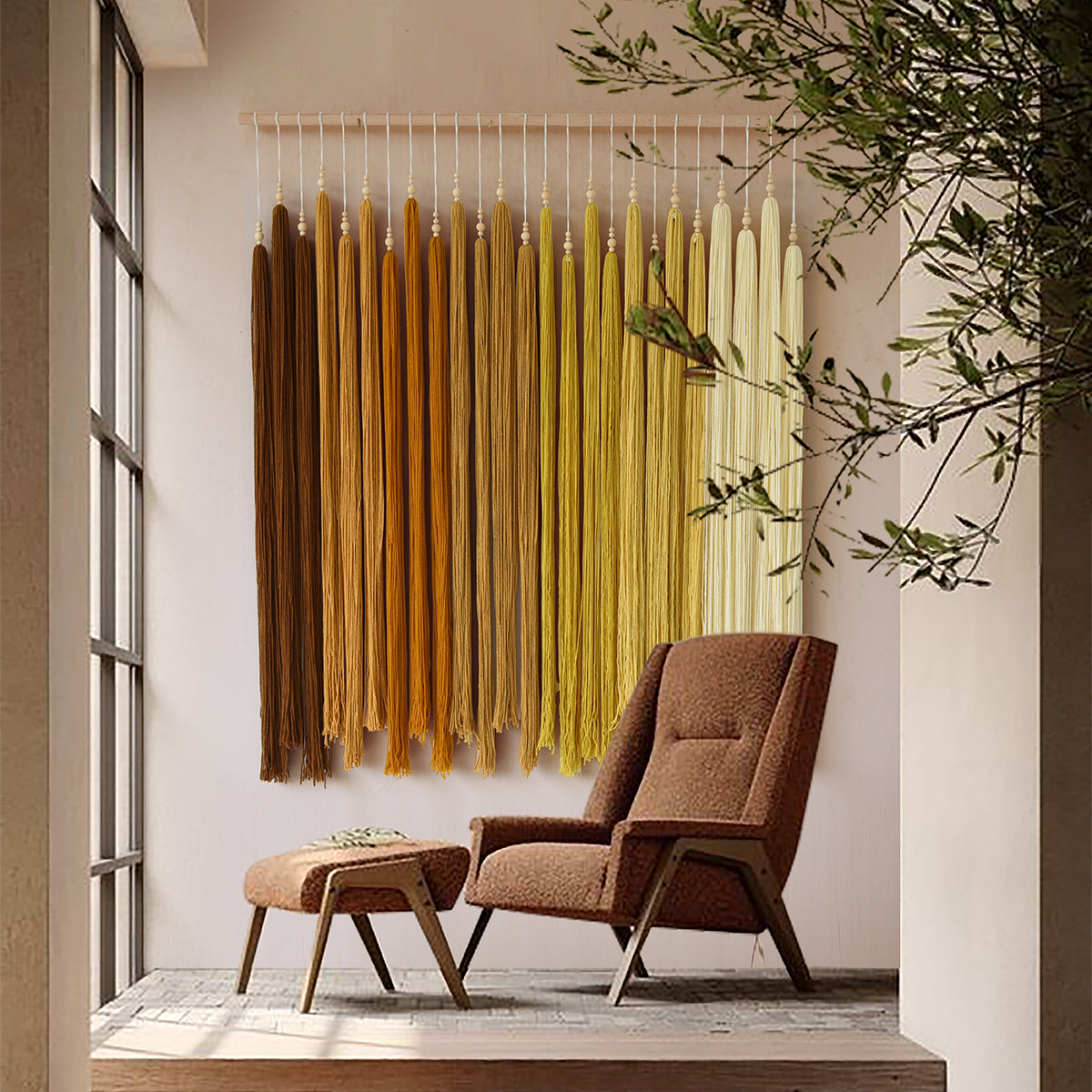 Yellow Macrame Wall Hanging Beads Tassels Decor