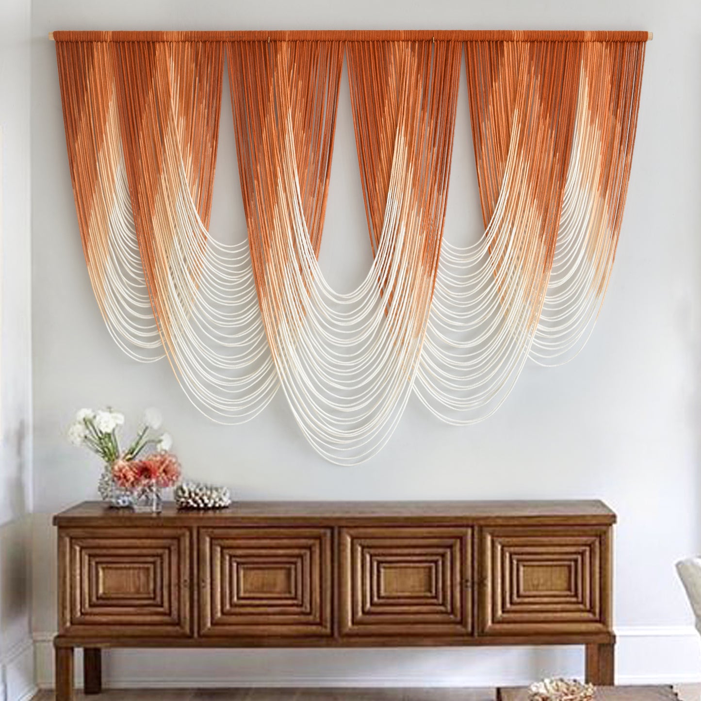 Macrame Wall Hanging Orange Boho Dip Dye Fiber Art Craftsmanship 57"W*41"L