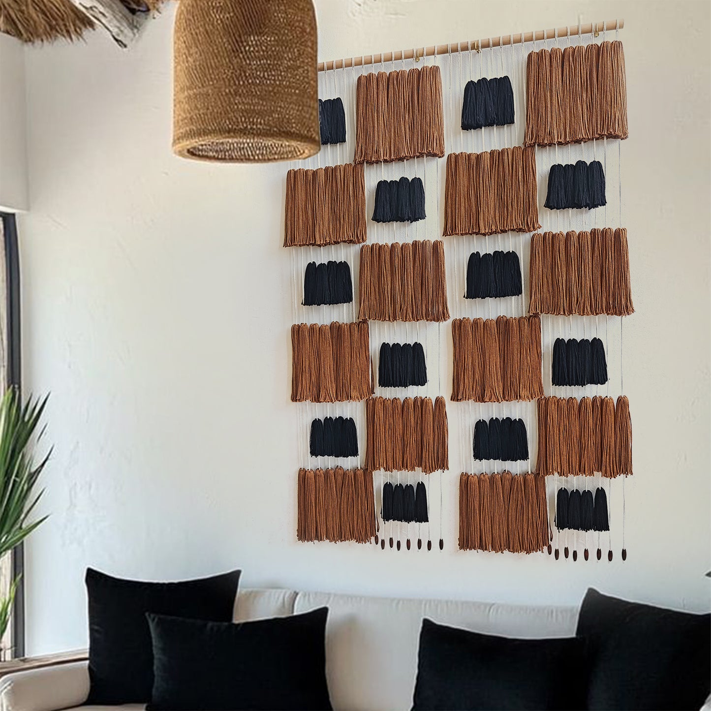 Two-Rod Macrame Wall Hanging Brown Black Yarn Tassel Woven Boho Fiber Art Decor