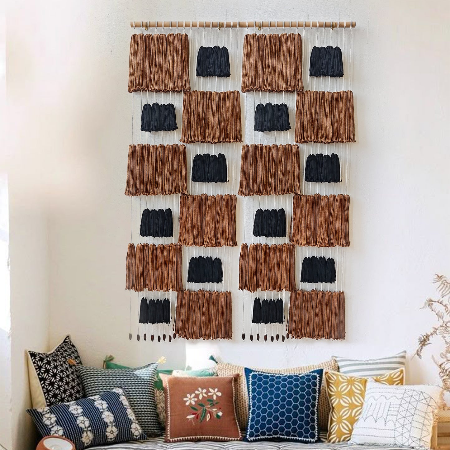 Two-Rod Macrame Wall Hanging Brown Black Yarn Tassel Woven Boho Fiber Art Decor