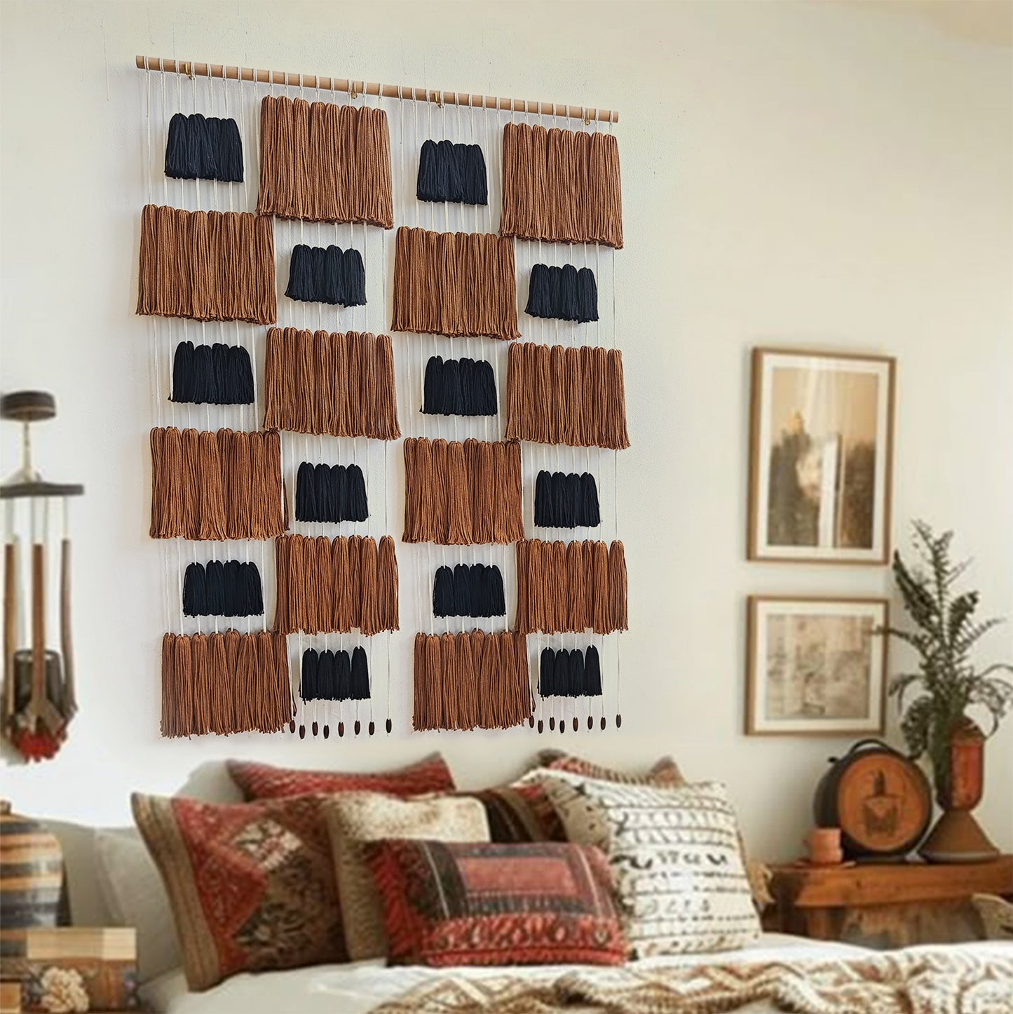 Two-Rod Macrame Wall Hanging Brown Black Yarn Tassel Woven Boho Fiber Art Decor