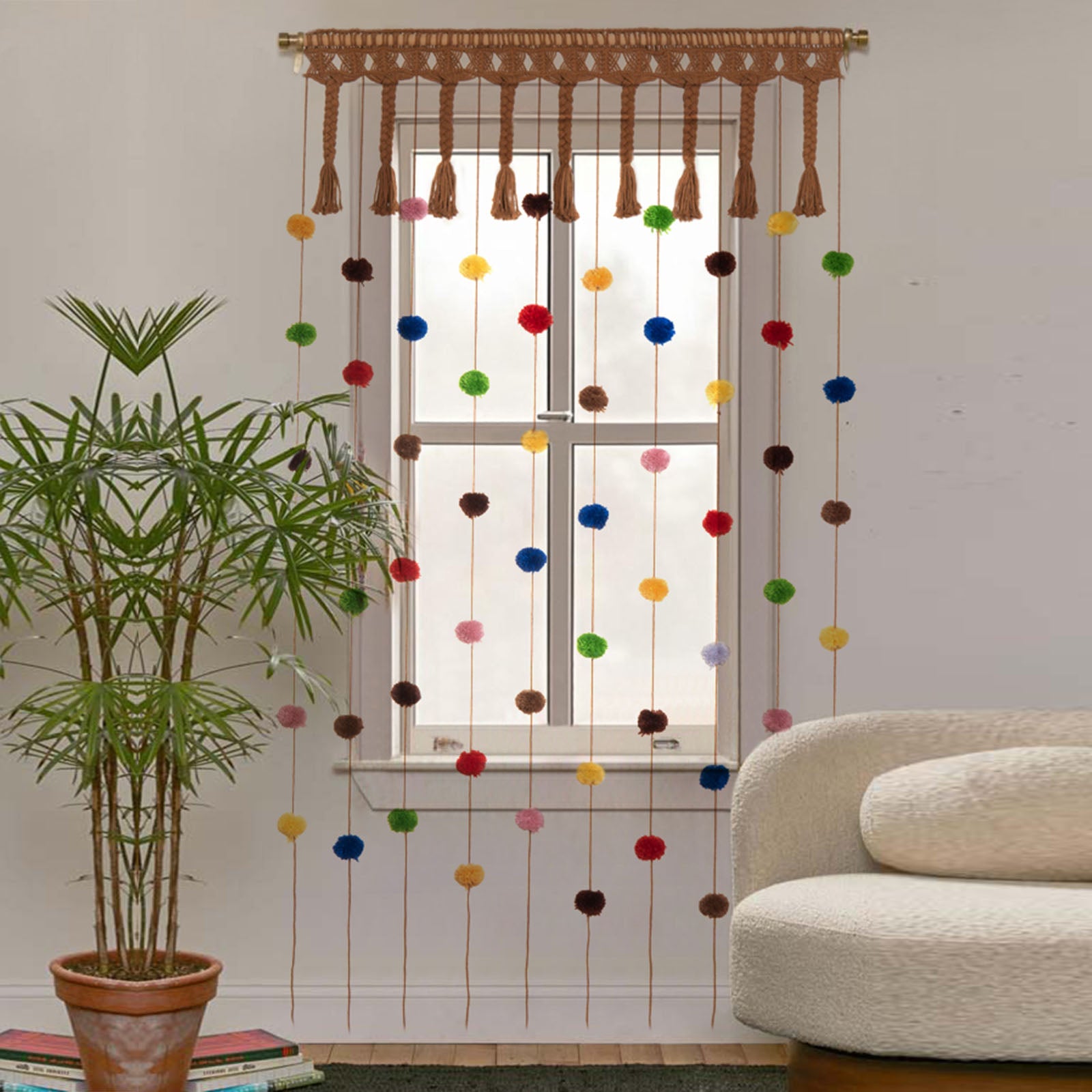 Macrame Curtain with Colorful Pom-Poms Window Treatment for Living Room