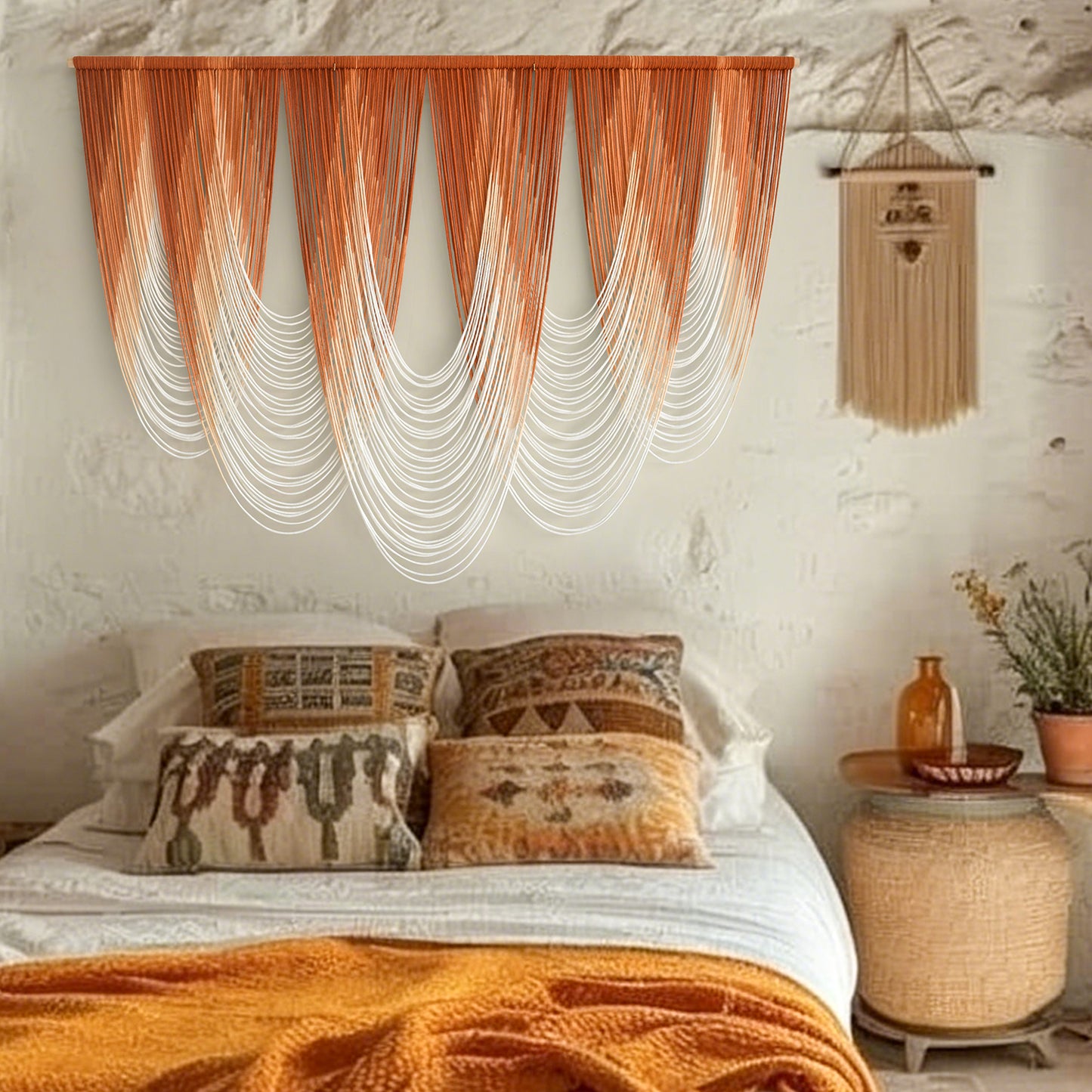 Macrame Wall Hanging Orange Boho Dip Dye Fiber Art Craftsmanship 57"W*41"L