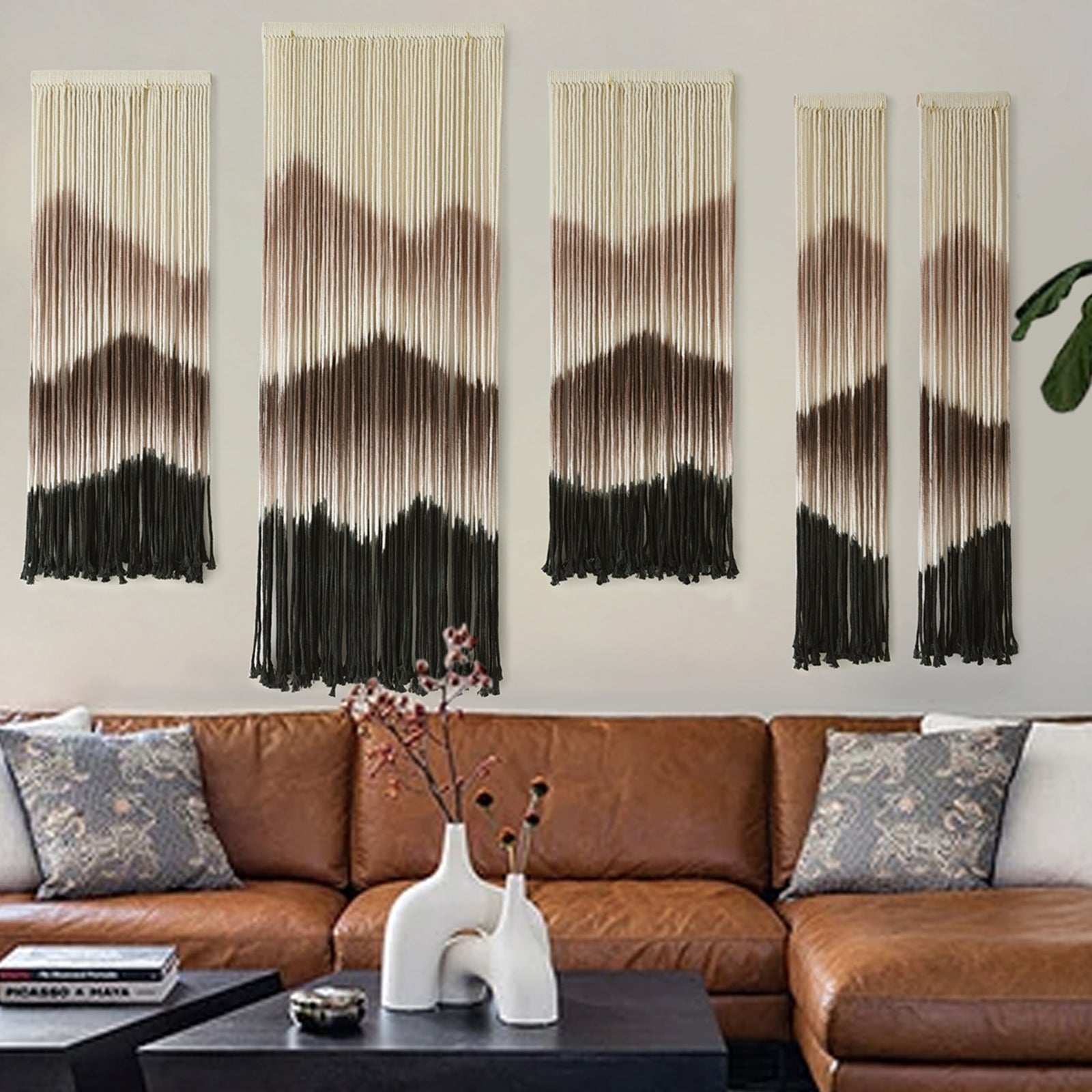 Large Macrame Wall Hanging Mountain Handmade Brown Dip-Dyed Boho Wall Decor,Set of 5