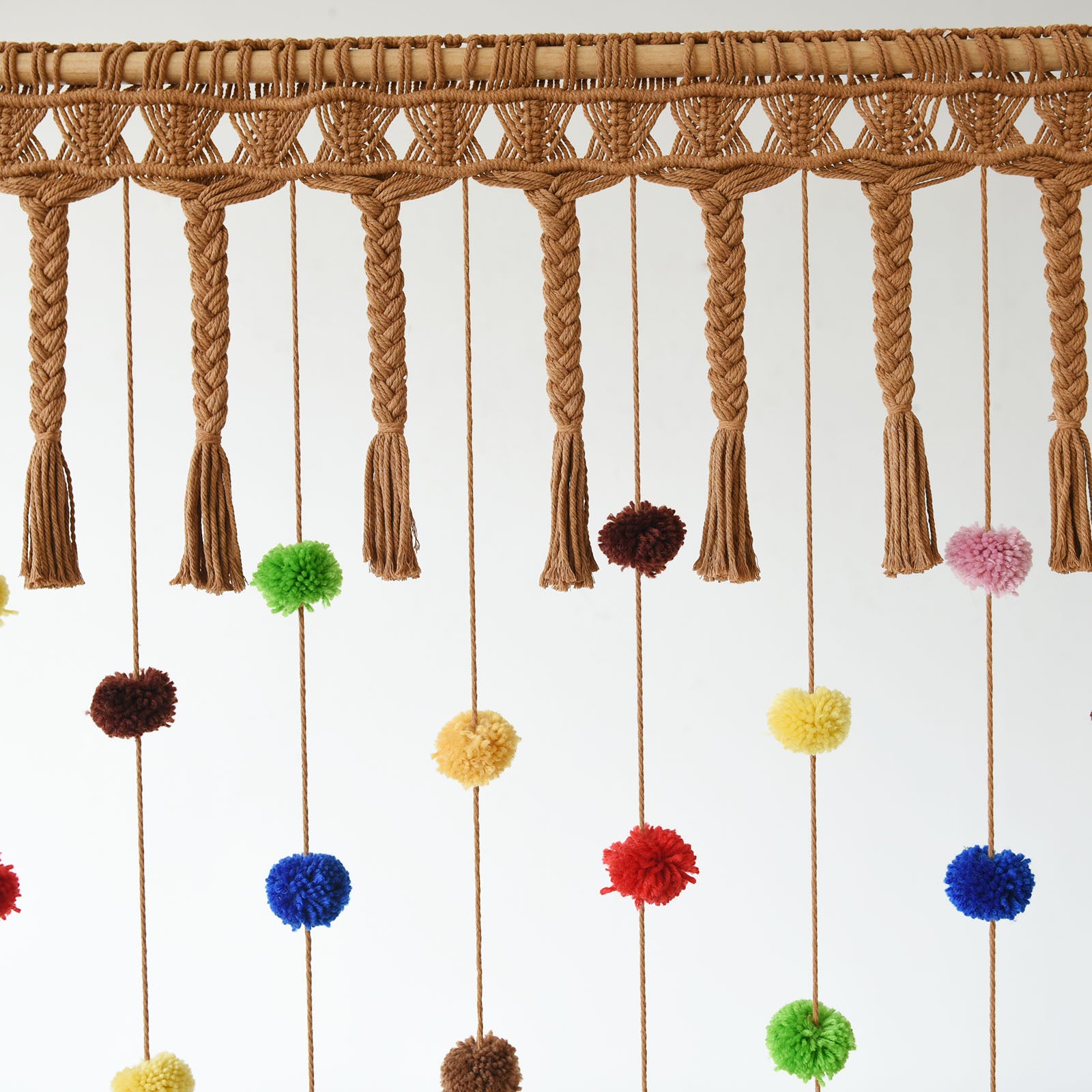 Macrame Curtain with Colorful Pom-Poms Window Treatment for Living Room