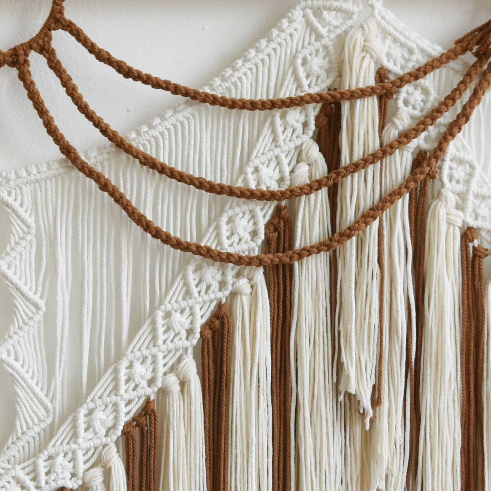 Boho Woven Wall Hanging Handwoven Brown and White Geometric Tapestry