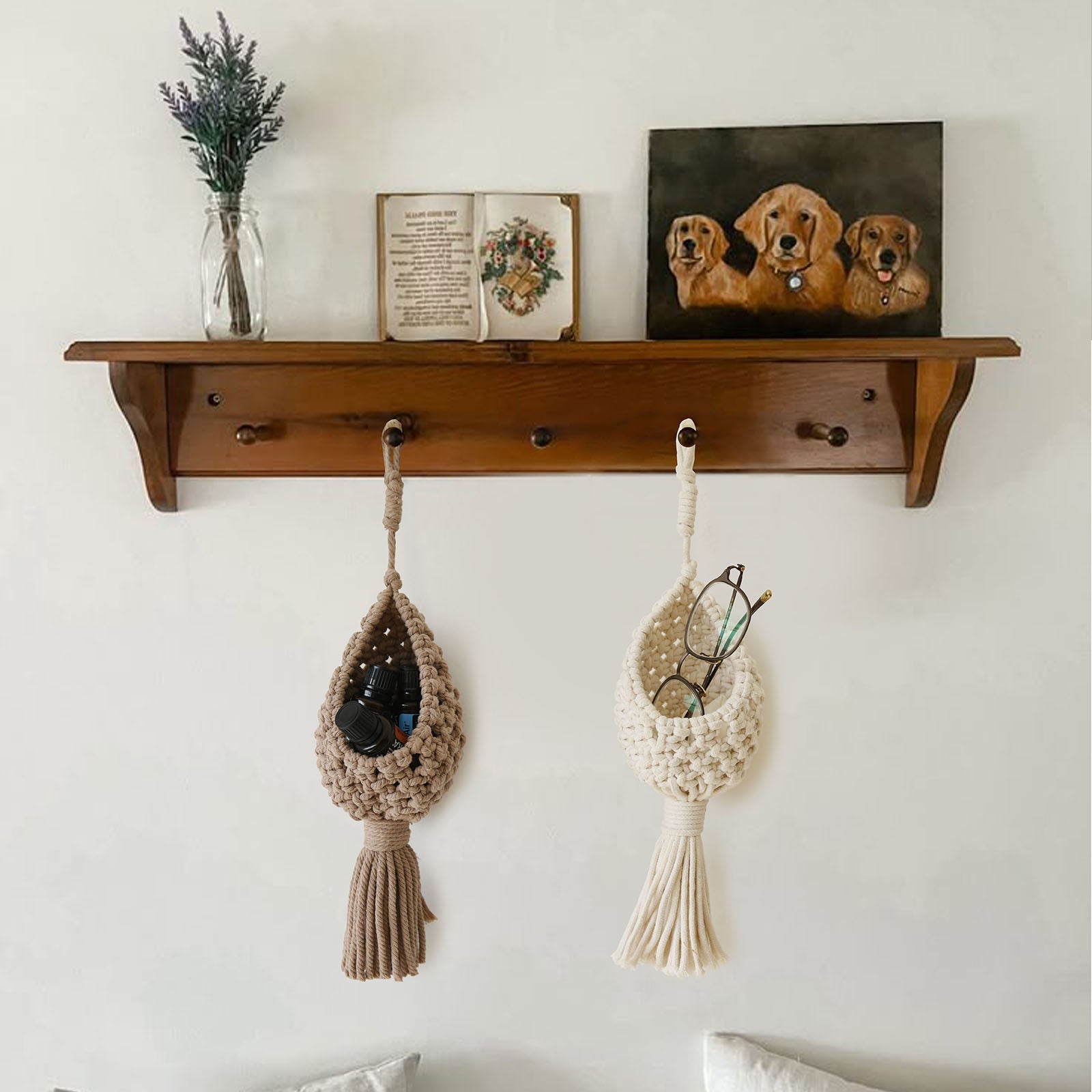 Macrame Wall Hanging Boho Basket Decor Set of 2 Handmade Hanging Accents