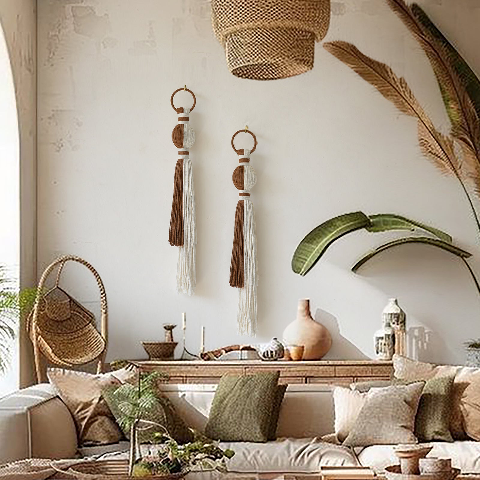 2Pcs Macrame Wall Hanging Fiber Art with Sphere Knots Tassels Yarn Art