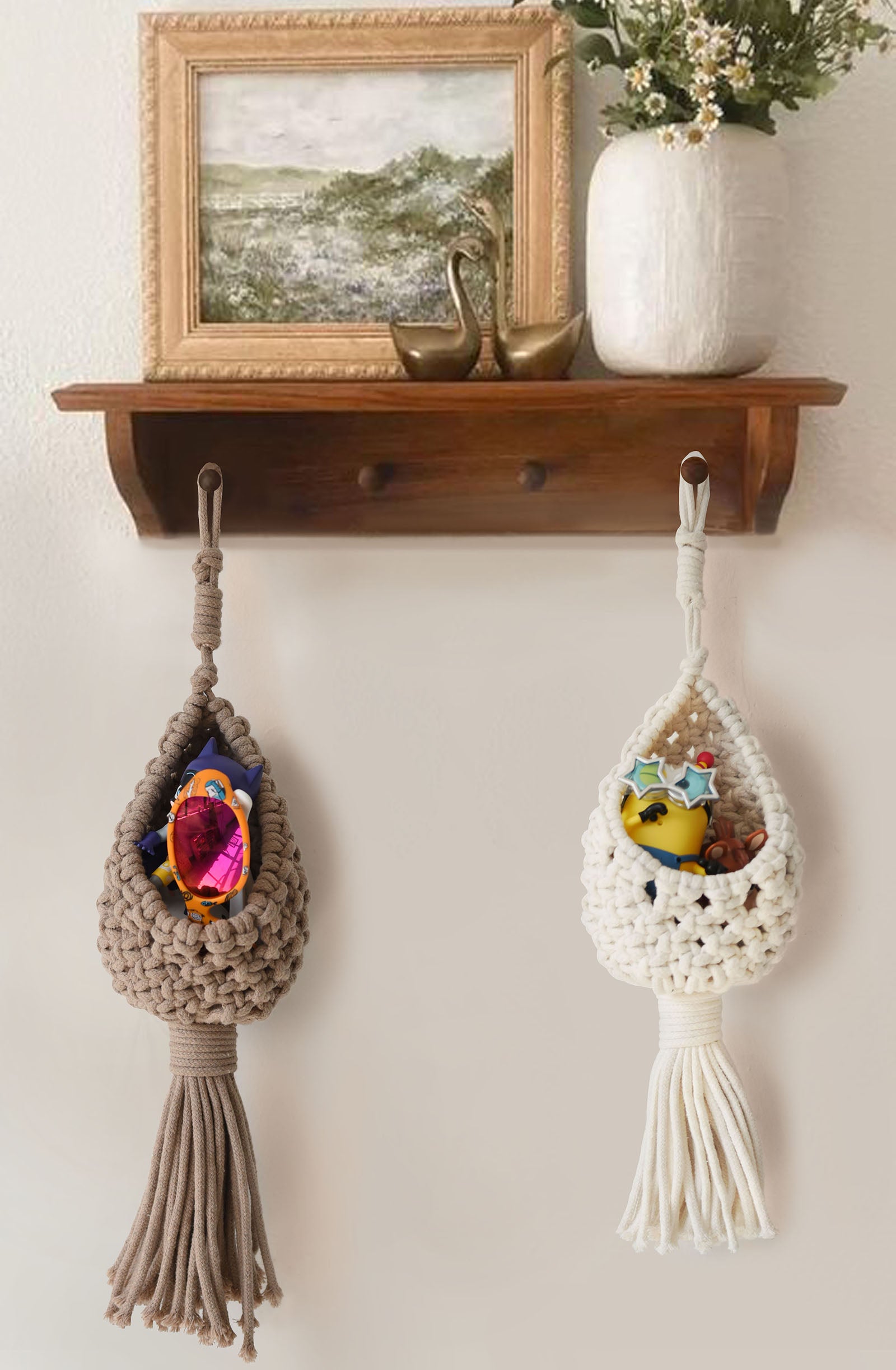 Macrame Wall Hanging Boho Basket Decor Set of 2 Handmade Hanging Accents