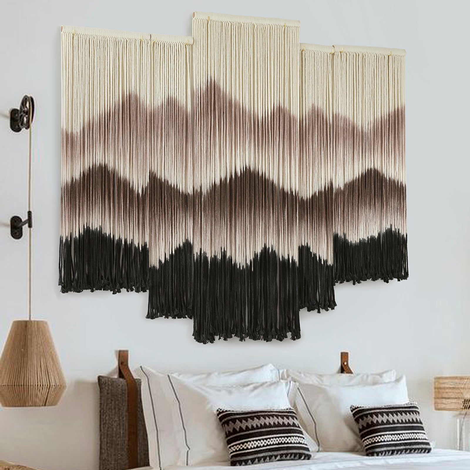 Large Macrame Wall Hanging Mountain Handmade Brown Dip-Dyed Boho Wall Decor,Set of 5