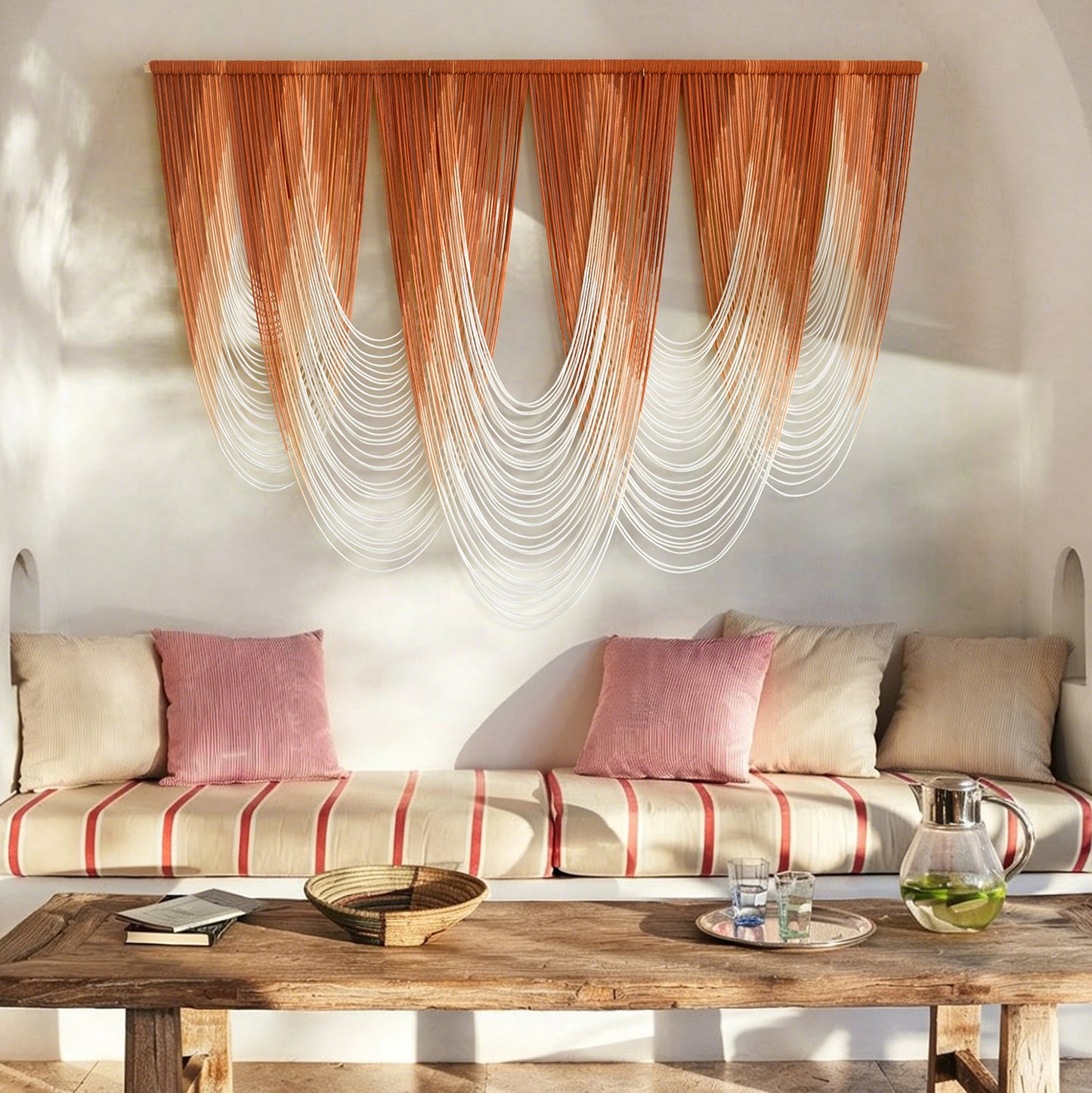 Macrame Wall Hanging Orange Boho Dip Dye Fiber Art Craftsmanship 57"W*41"L