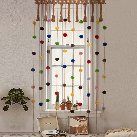 Macrame Curtain with Colorful Pom-Poms Window Treatment for Living Room
