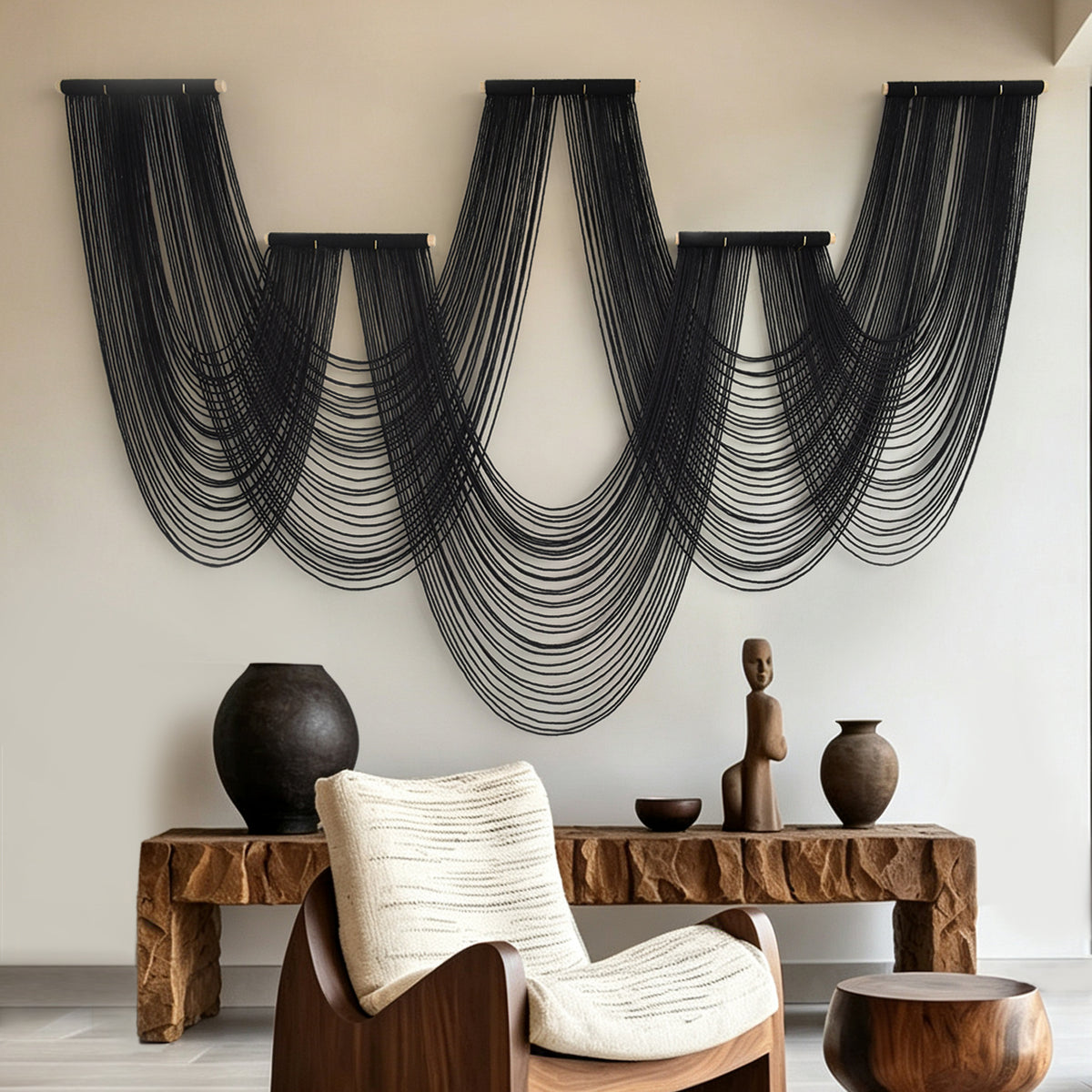 Black Macrame Wall Hanging 5 Panel Boho Wall Decor Fiber Art 68"W *46"L