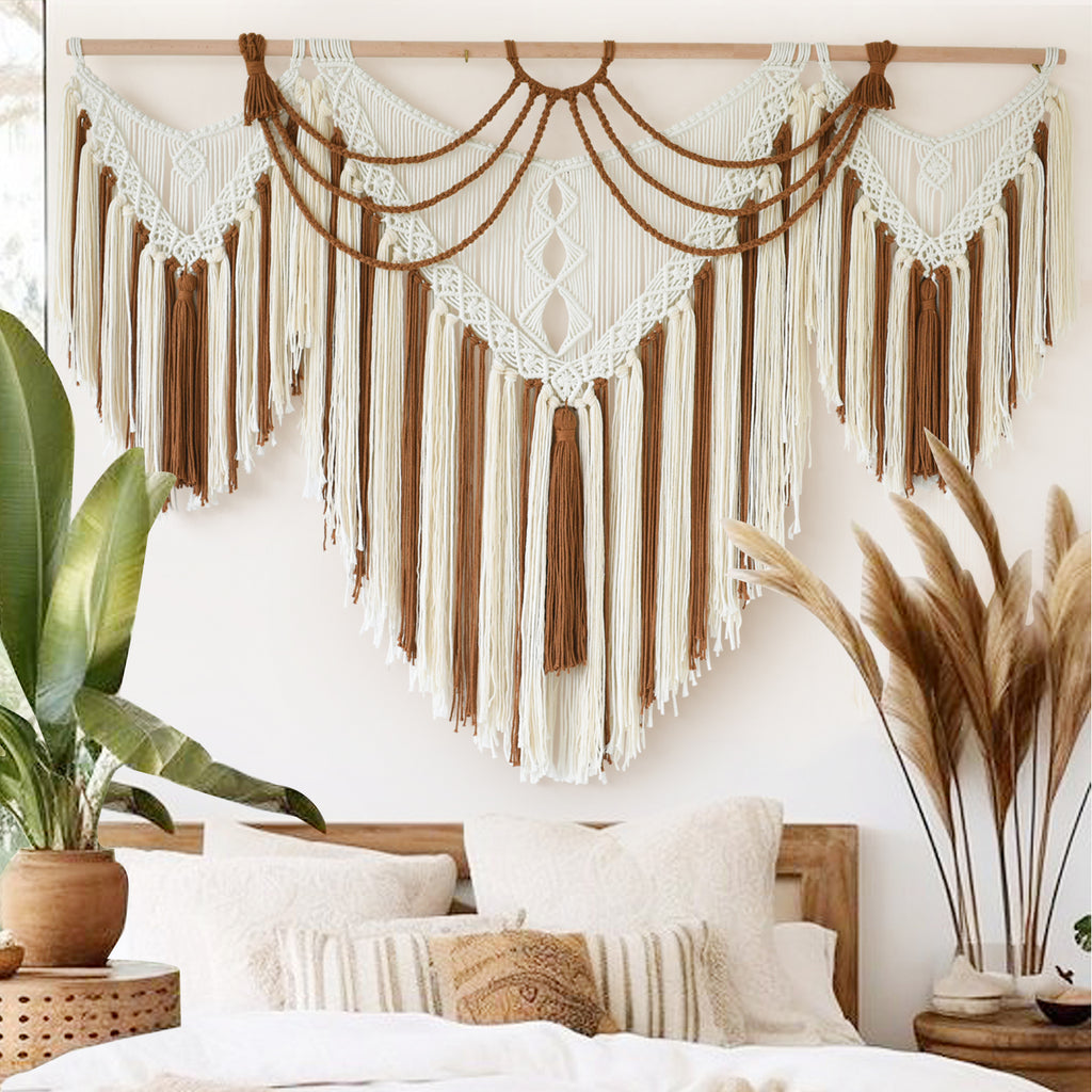 Boho Woven Wall Hanging Handwoven Brown and White Geometric Tapestry