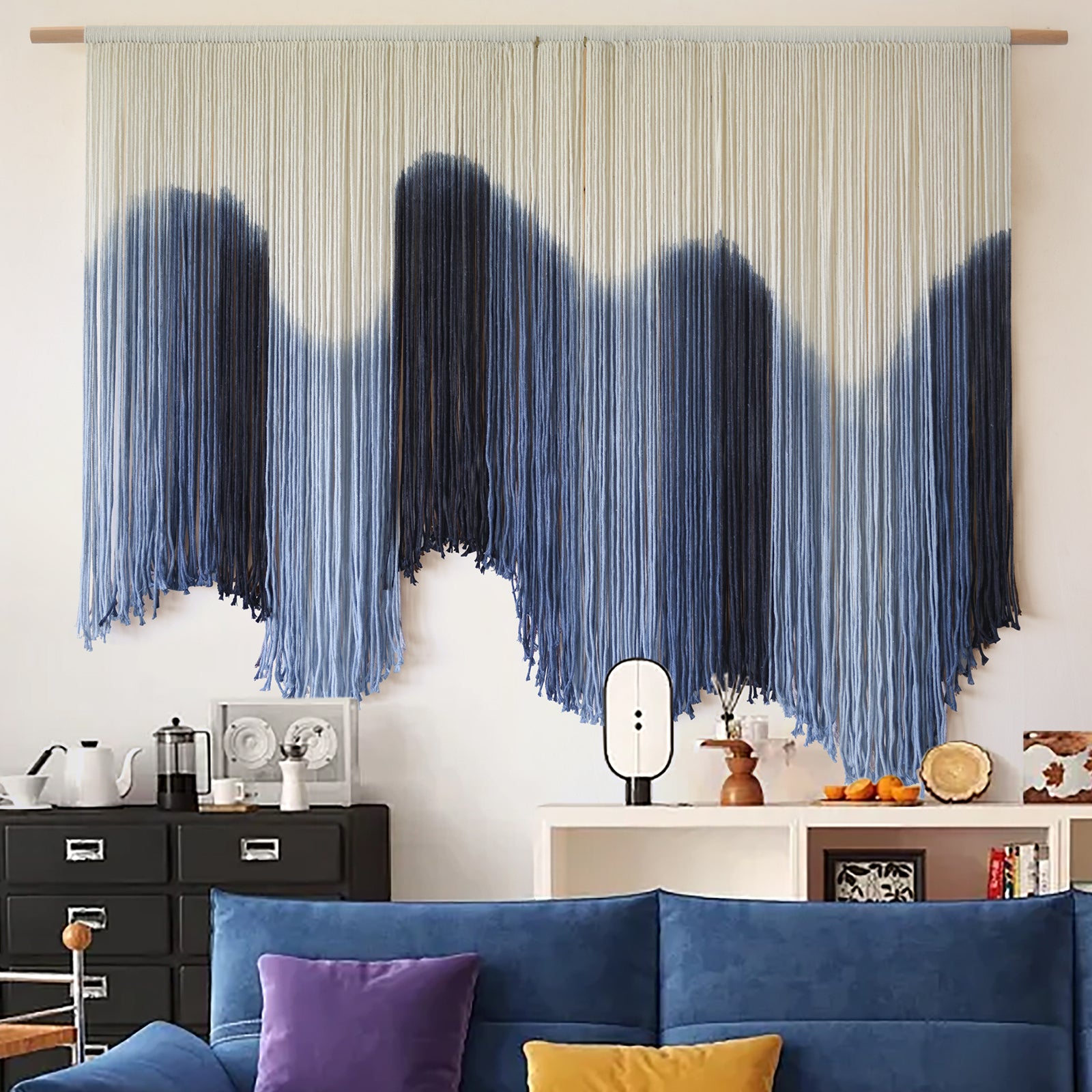 Macrame Wall Hanging Large Blue Dip Dyed Fiber Art Tapestry